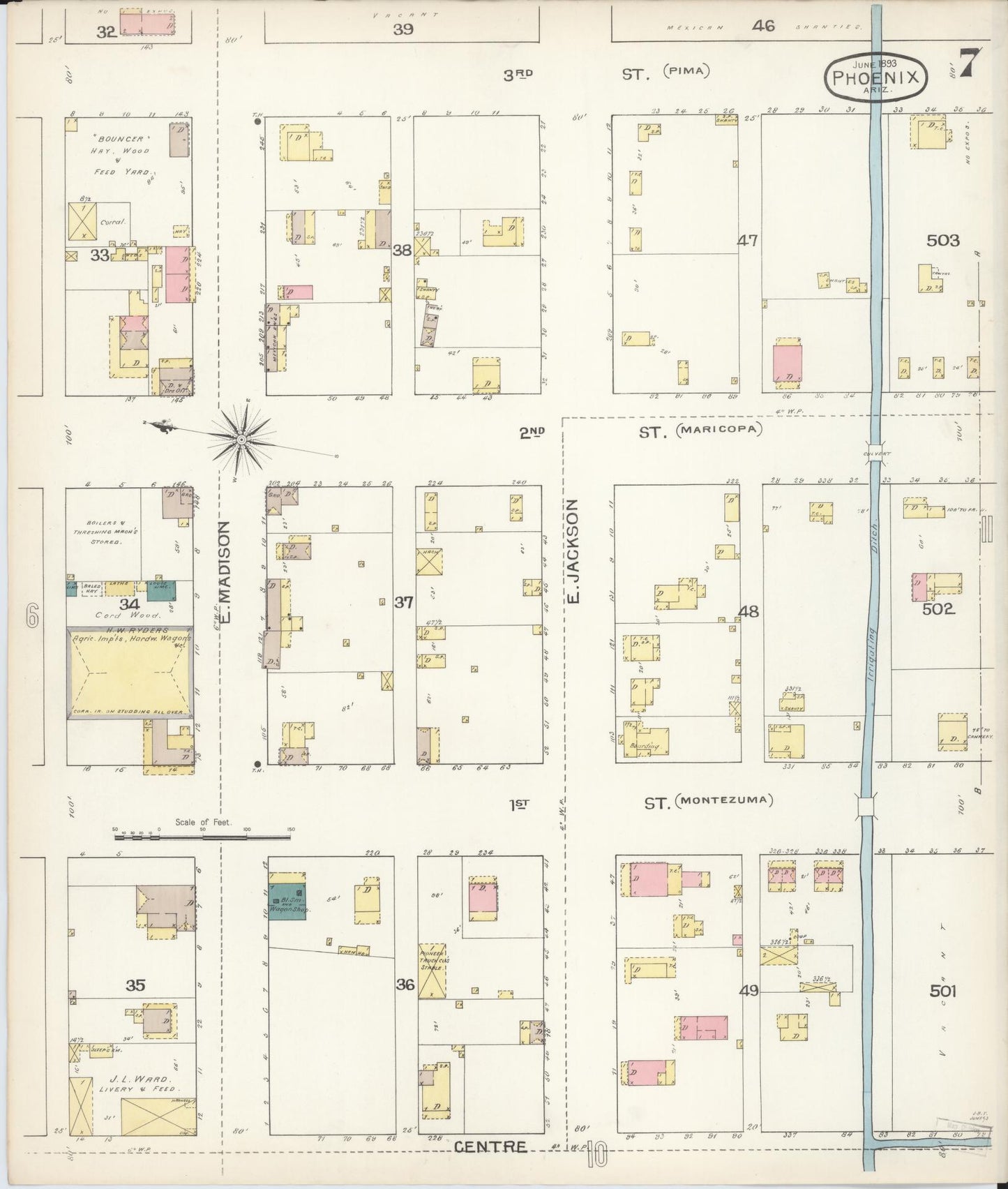 Sanborn Fire Insurance Map from Phoenix, Maricopa County, Arizona (1893), Sheet #0007 - Complete Map Set gallery image, historic Sanborn map, vintage wall art, Arizona Arizona
