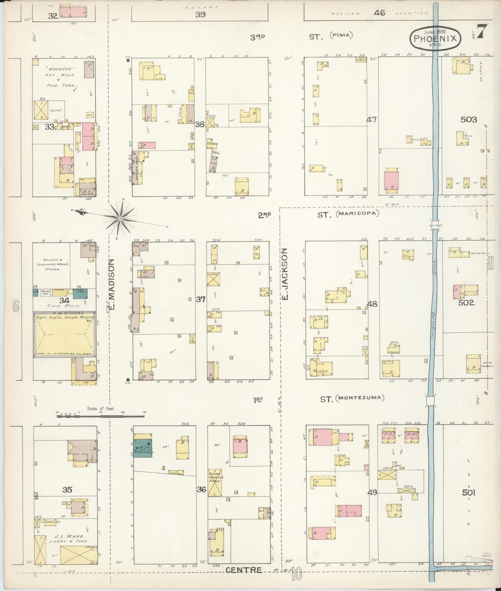 Sanborn Fire Insurance Map from Phoenix, Maricopa County, Arizona (1893), Sheet #0007 - Complete Map Set gallery image, historic Sanborn map, vintage wall art, Arizona Arizona