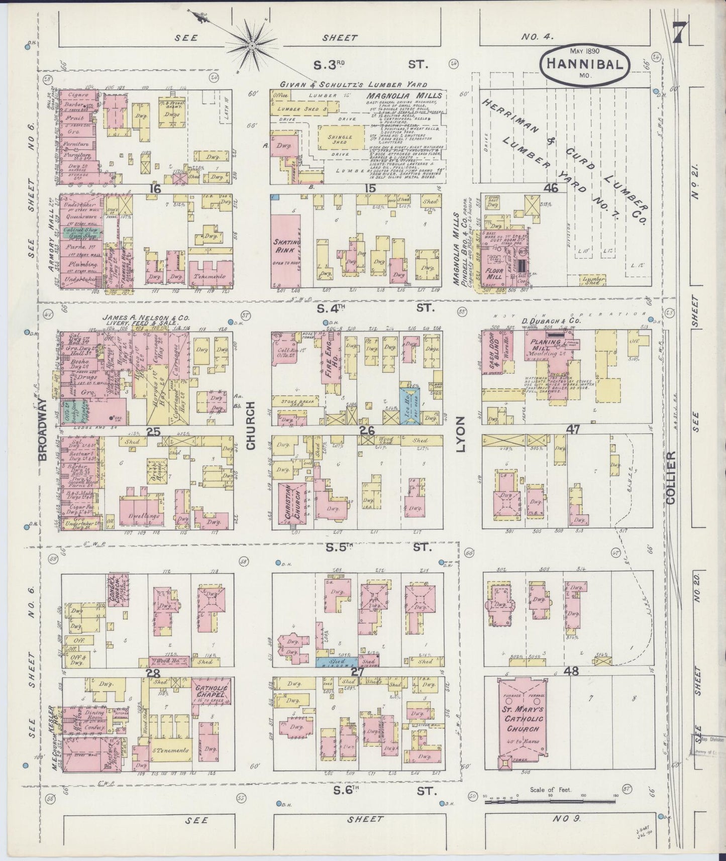 Sanborn Fire Insurance Map from Hannibal, Marion County, Missouri (1890), Sheet #0007 - Historic Sanborn Fire Insurance Map Print, vintage old map wall art, antique decor, genealogy gift, Missouri Missouri map