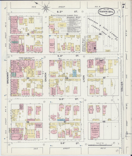 Sanborn Fire Insurance Map from Hannibal, Marion County, Missouri (1890), Sheet #0007 - Historic Sanborn Fire Insurance Map Print, vintage old map wall art, antique decor, genealogy gift, Missouri Missouri map