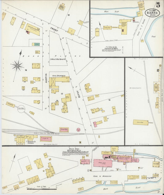Sanborn Fire Insurance Map from Barre, Worcester County, Massachusetts (1905), Sheet #0005 - Historic Sanborn Fire Insurance Map Print, vintage old map wall art, antique decor, genealogy gift, Massachusetts Massachusetts map