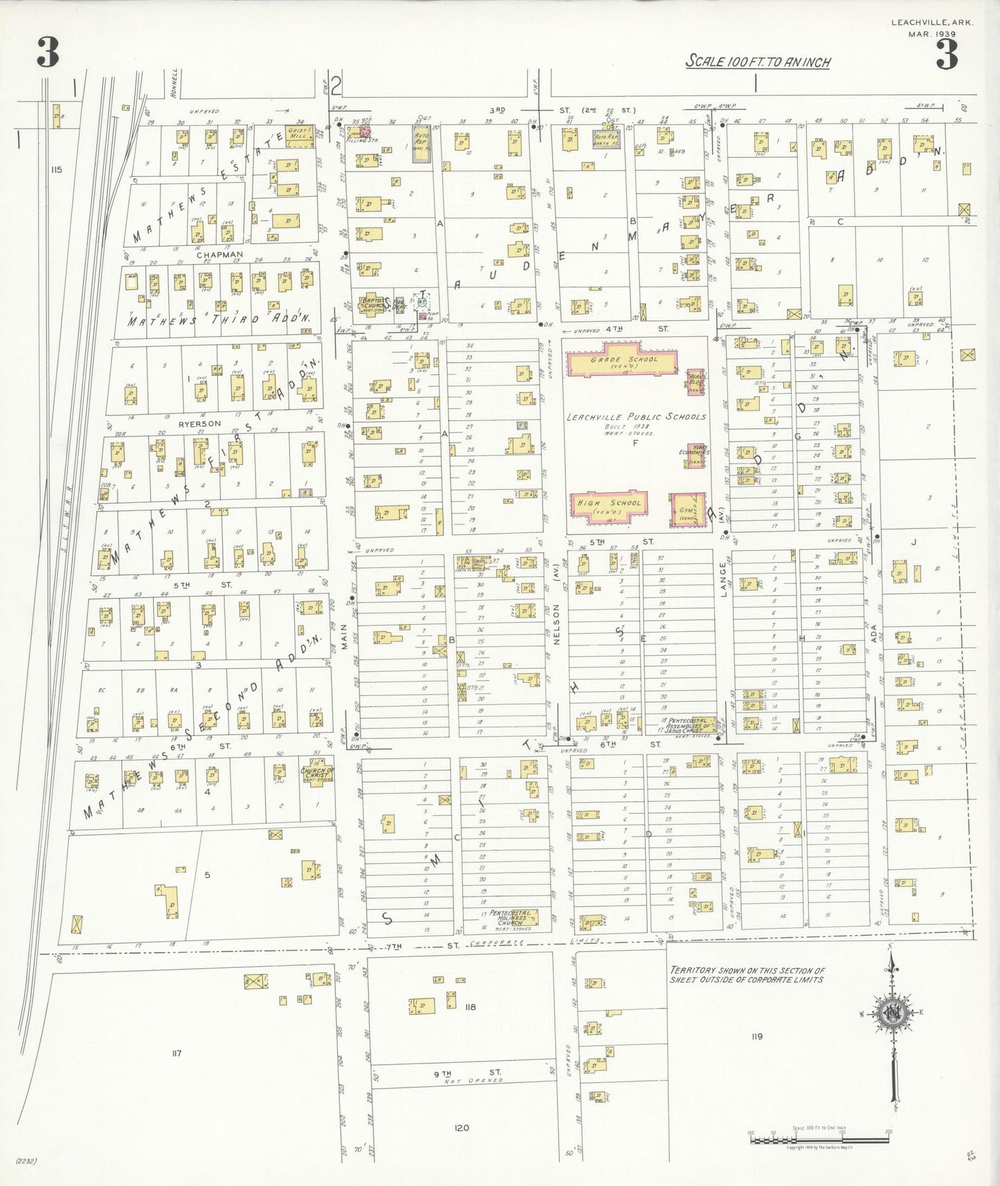 Sanborn Fire Insurance Map from Leachville, Mississippi County, Arkansas (1939), Sheet #0003 - Complete Map Set gallery image, historic Sanborn map, vintage wall art, Leachville Mississippi
