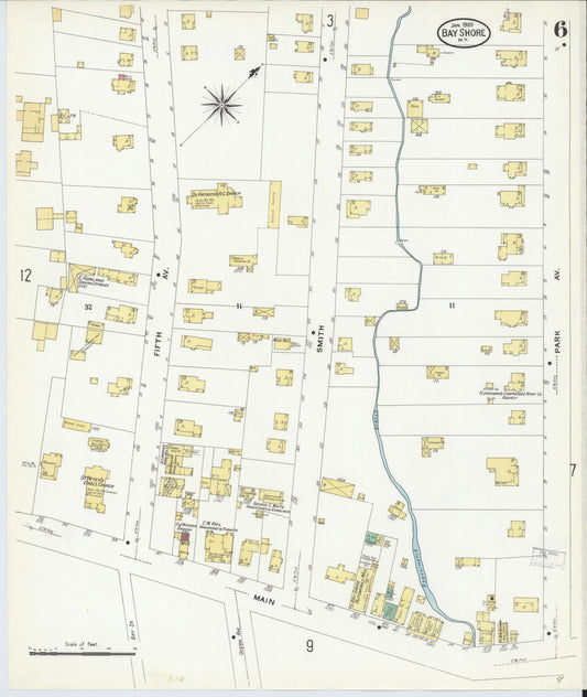 Sanborn Fire Insurance Map from Bay Shore, Suffolk County, New York (1909), Sheet #0006 - Historic Sanborn Fire Insurance Map Print, vintage old map wall art, antique decor, genealogy gift, New York New York map