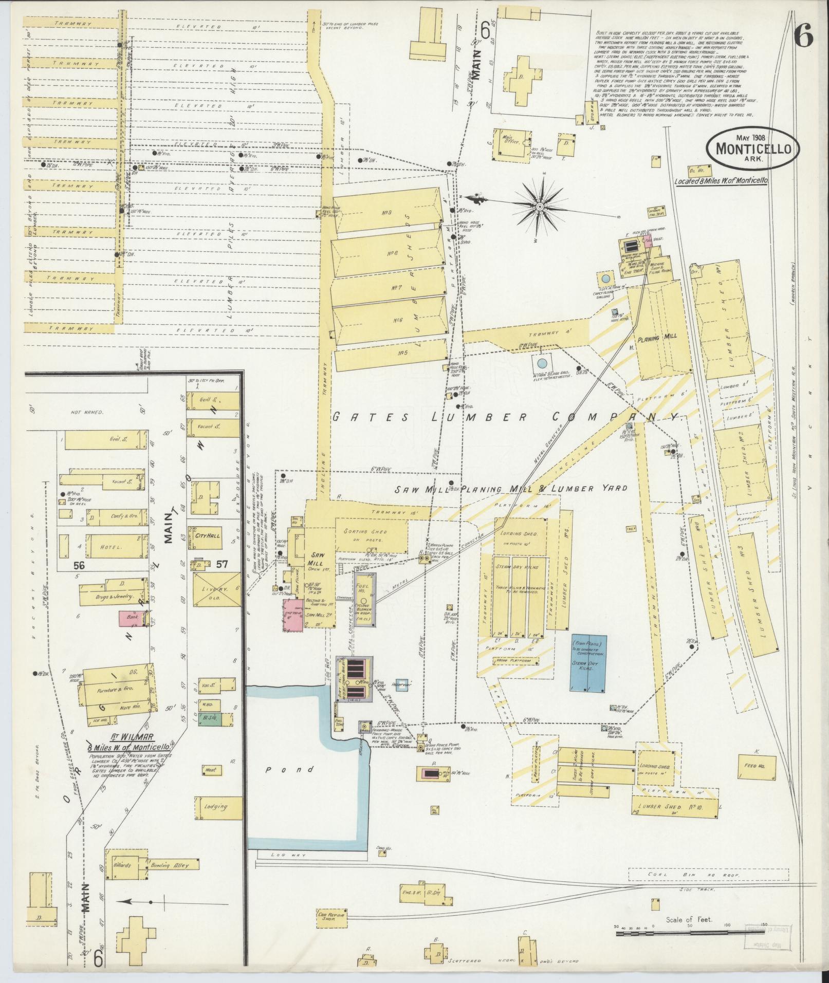 Sanborn Fire Insurance Map from Monticello, Drew County, Arkansas (1908), Sheet #0006 - Historic Sanborn Fire Insurance Map Print, vintage old map wall art, antique decor, genealogy gift, Arkansas Arkansas map