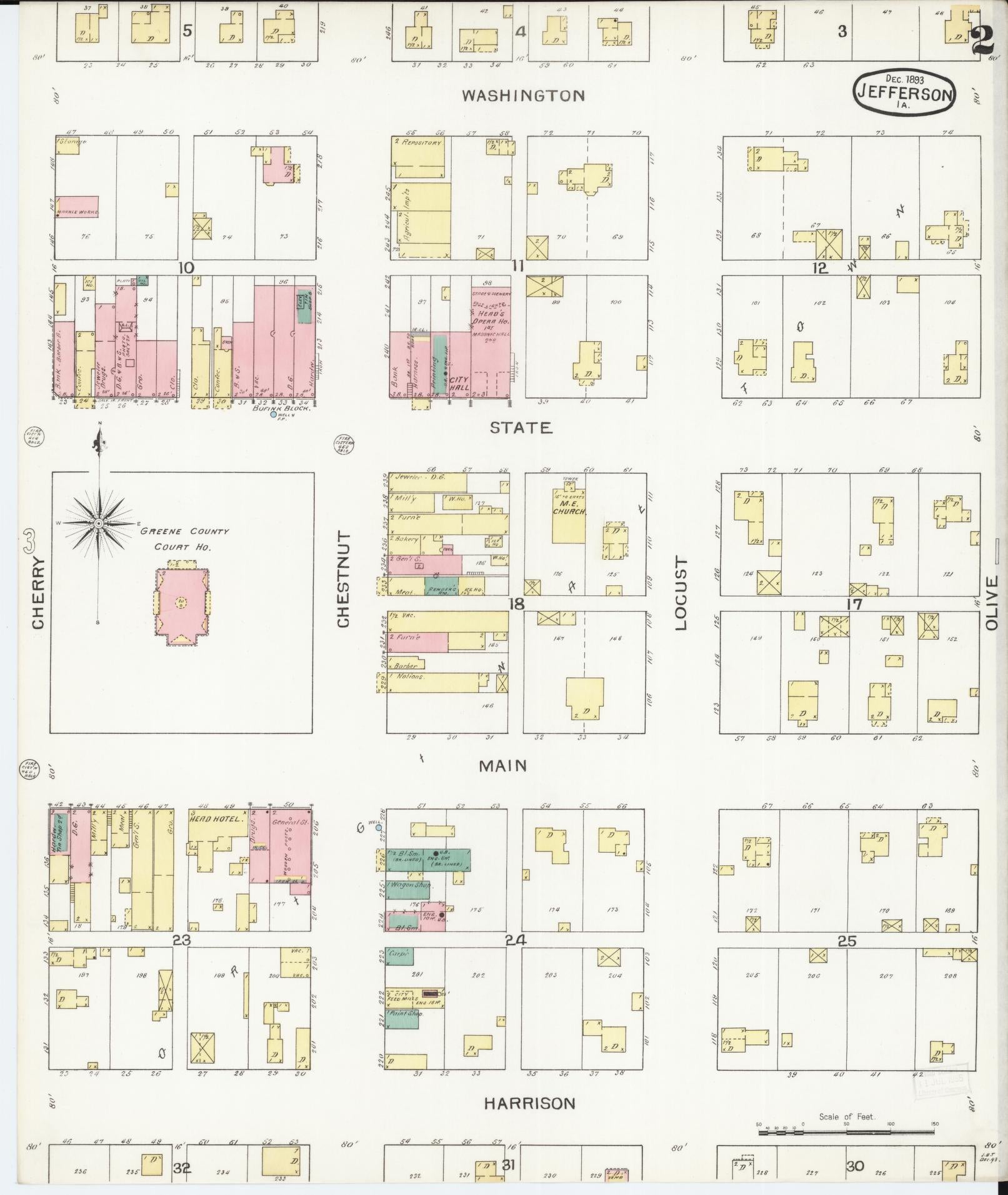 Sanborn Fire Insurance Map from Jefferson, Greene County, Iowa (1893), Sheet #0002 - Historic Sanborn Fire Insurance Map Print, vintage old map wall art