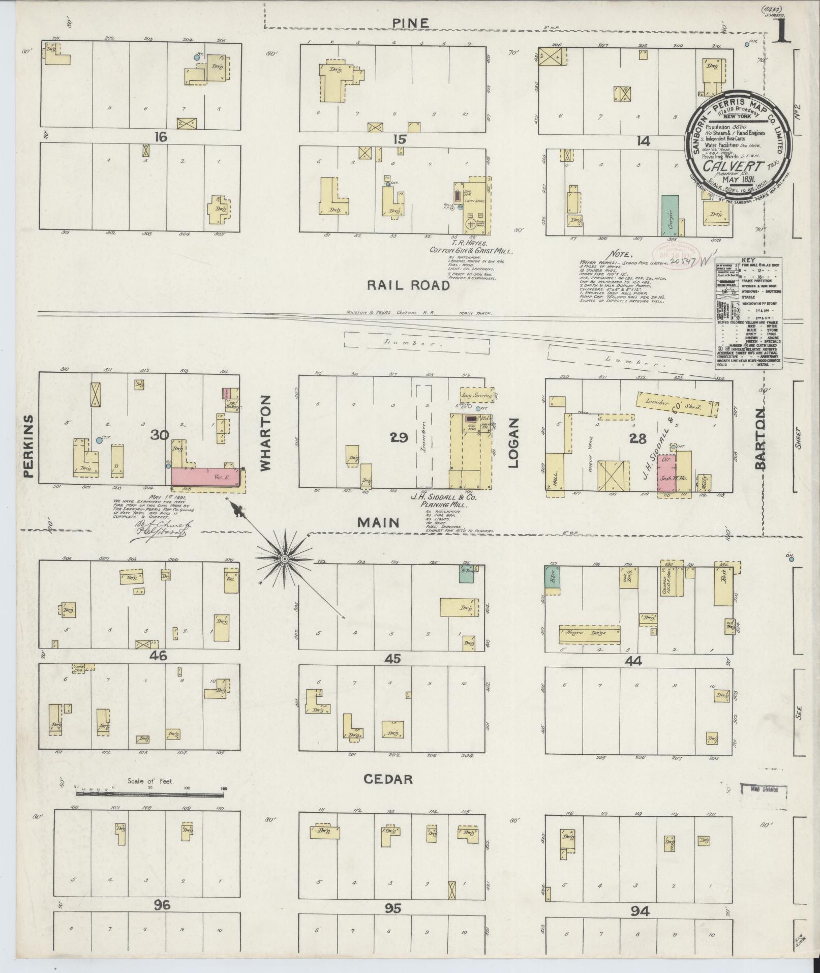 Sanborn Fire Insurance Map from Calvert, Robertson County, Texas (1891), Sheet #0001 - Complete Map Set gallery image, historic Sanborn map, vintage wall art, Texas Texas