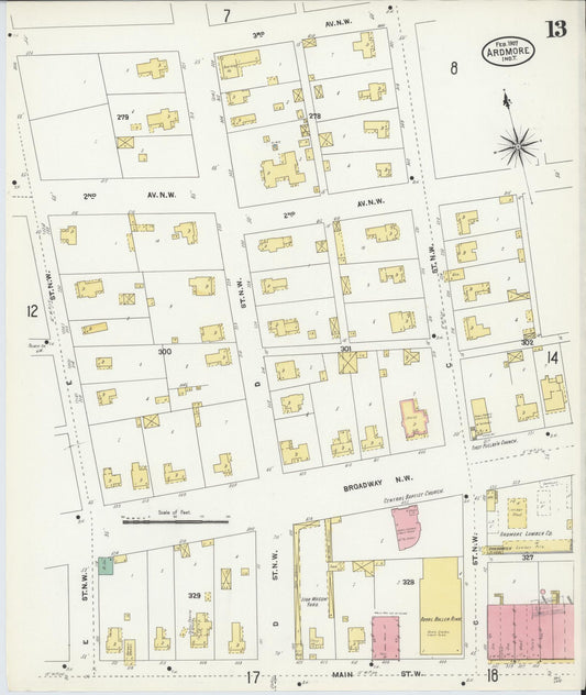 Sanborn Fire Insurance Map from Ardmore, Carter County, Oklahoma (1907), Sheet #0013 - Historic Sanborn Fire Insurance Map Print, vintage old map wall art, antique decor, genealogy gift, Oklahoma Oklahoma map