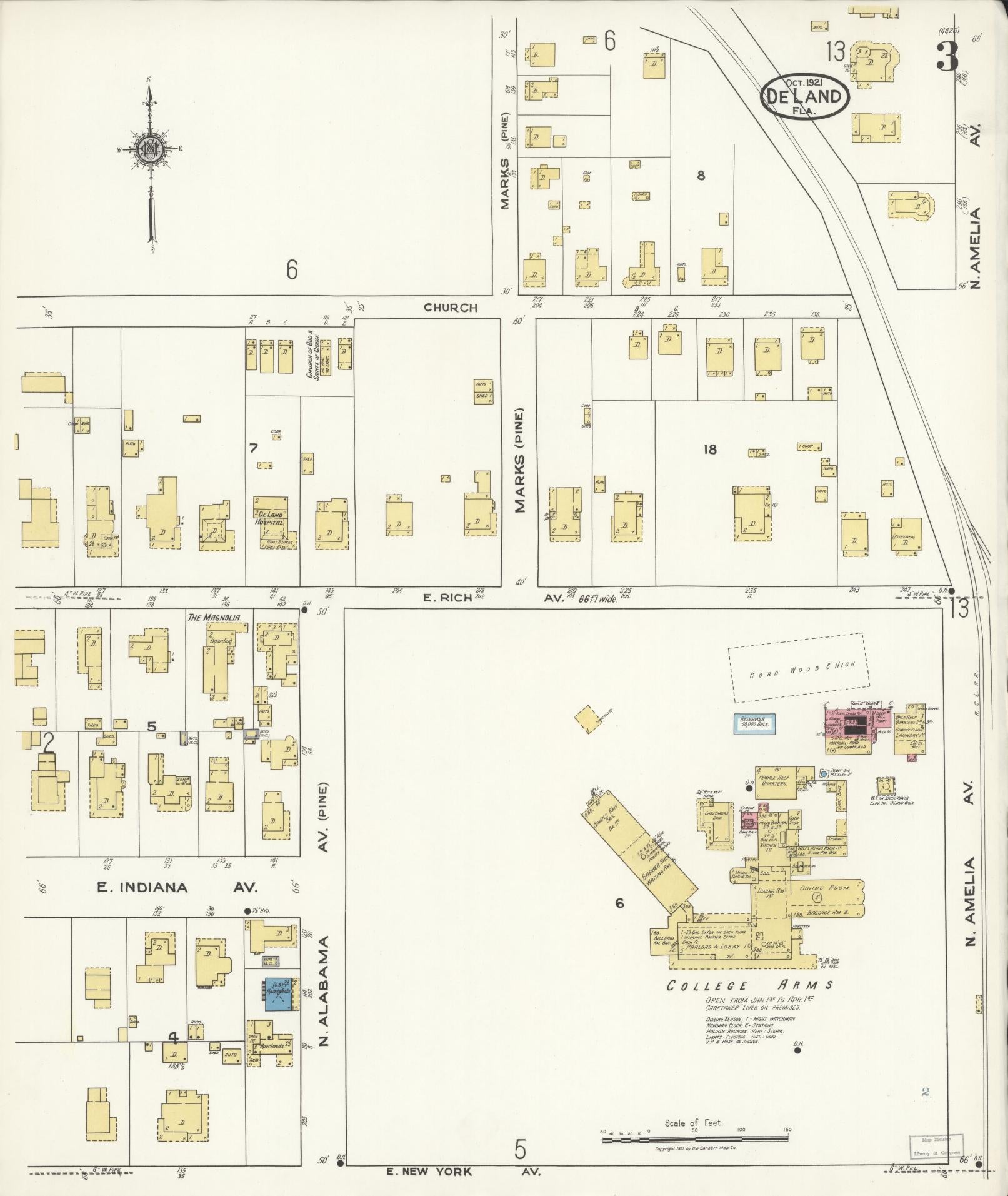 Sanborn Fire Insurance Map from De Land, Volusia County, Florida (1921), Sheet #0003 - Complete Map Set gallery image, historic Sanborn map, vintage wall art, Florida Florida