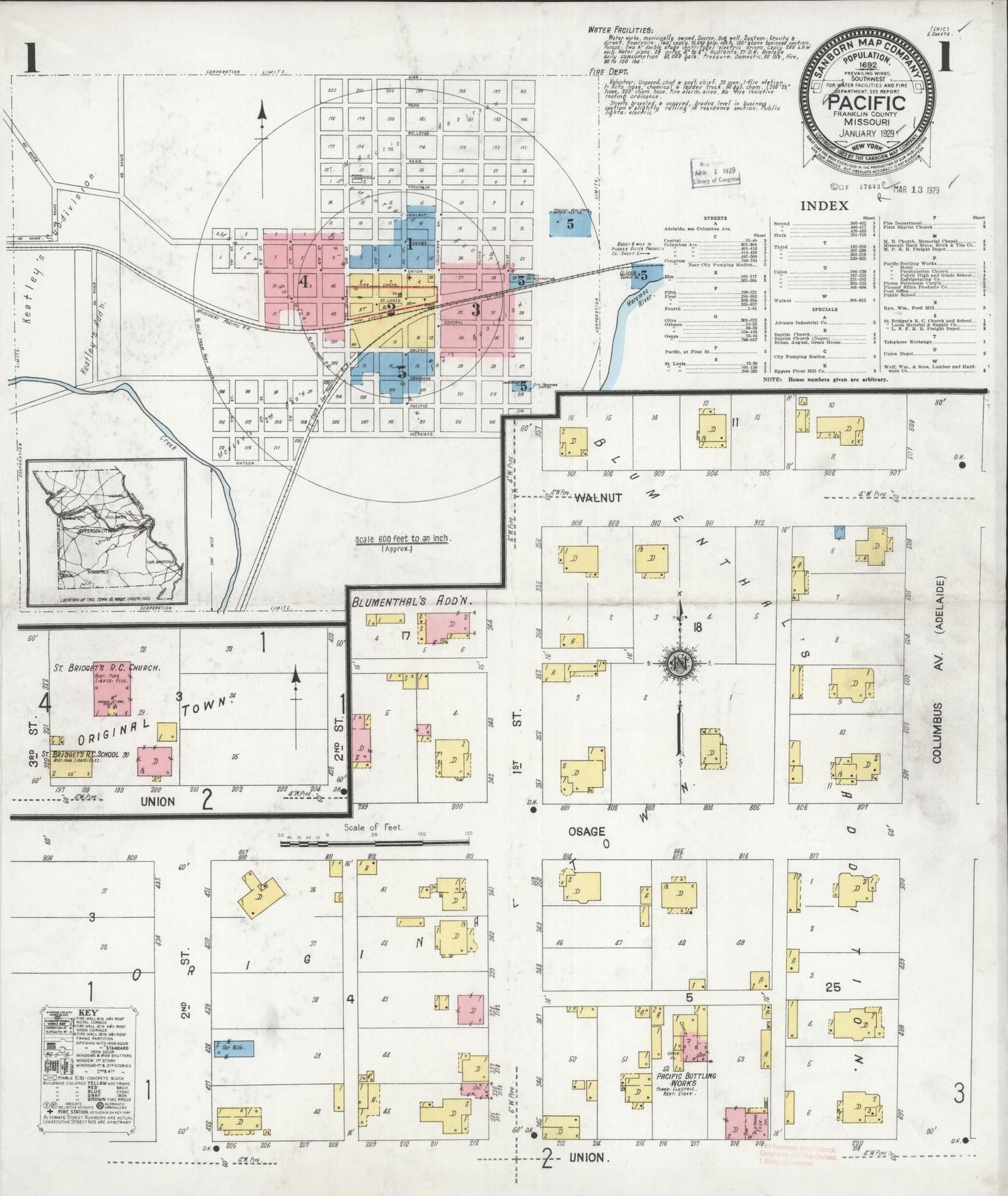 Sanborn Fire Insurance Map from Pacific, Franklin County, Missouri (1929), Sheet #0001 - Historic Sanborn Fire Insurance Map Print, vintage old map wall art, antique decor, genealogy gift, Missouri Missouri map