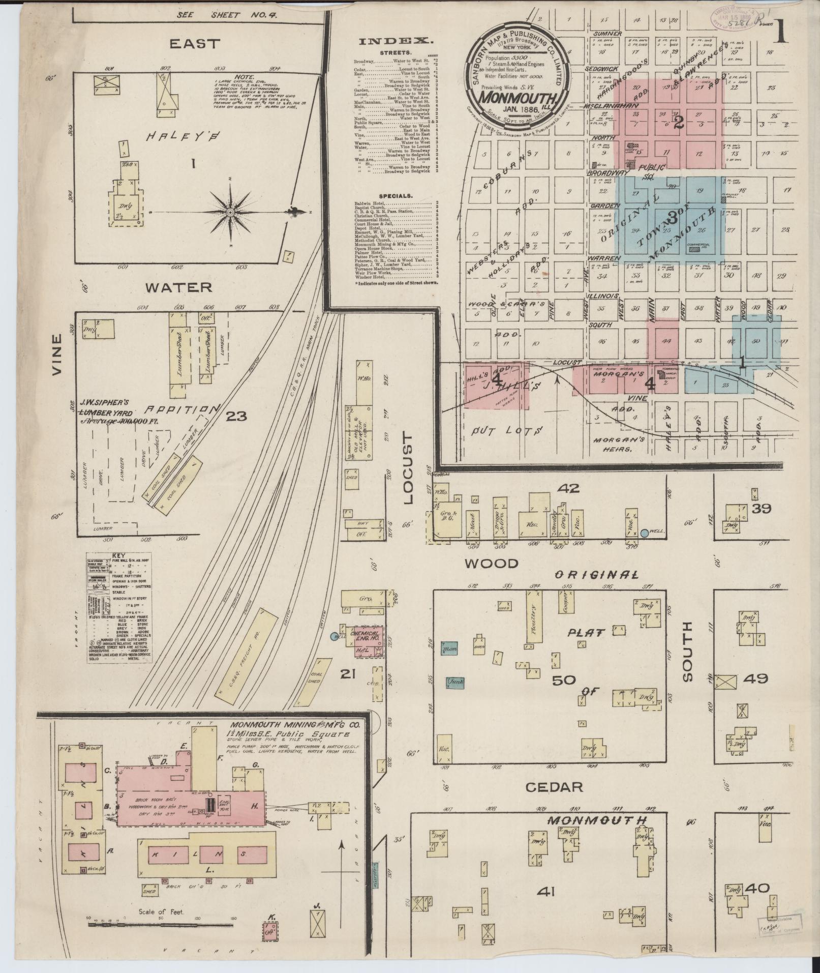 Sanborn Fire Insurance Map from Monmouth, Warren County, Illinois (1886), Sheet #0001 - Historic Sanborn Fire Insurance Map Print, vintage old map wall art, antique decor, genealogy gift, Illinois Illinois map