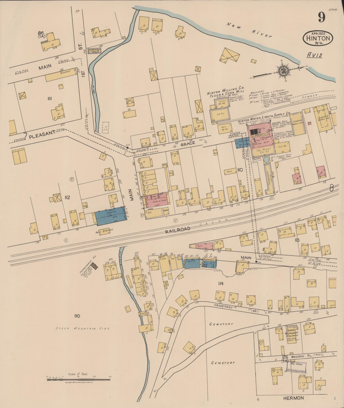 Sanborn Fire Insurance Map from Hinton, Summer County, West Virginia (1922), Sheet #0009 - Complete Map Set gallery image, historic Sanborn map, vintage wall art, West Virginia West Virginia