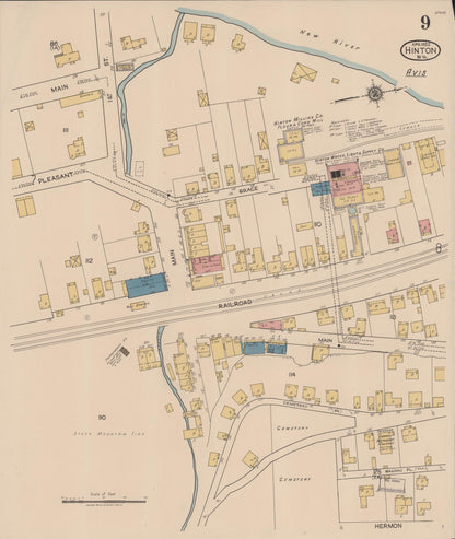 Sanborn Fire Insurance Map from Hinton, Summer County, West Virginia (1922), Sheet #0009 - Complete Map Set gallery image, historic Sanborn map, vintage wall art, West Virginia West Virginia