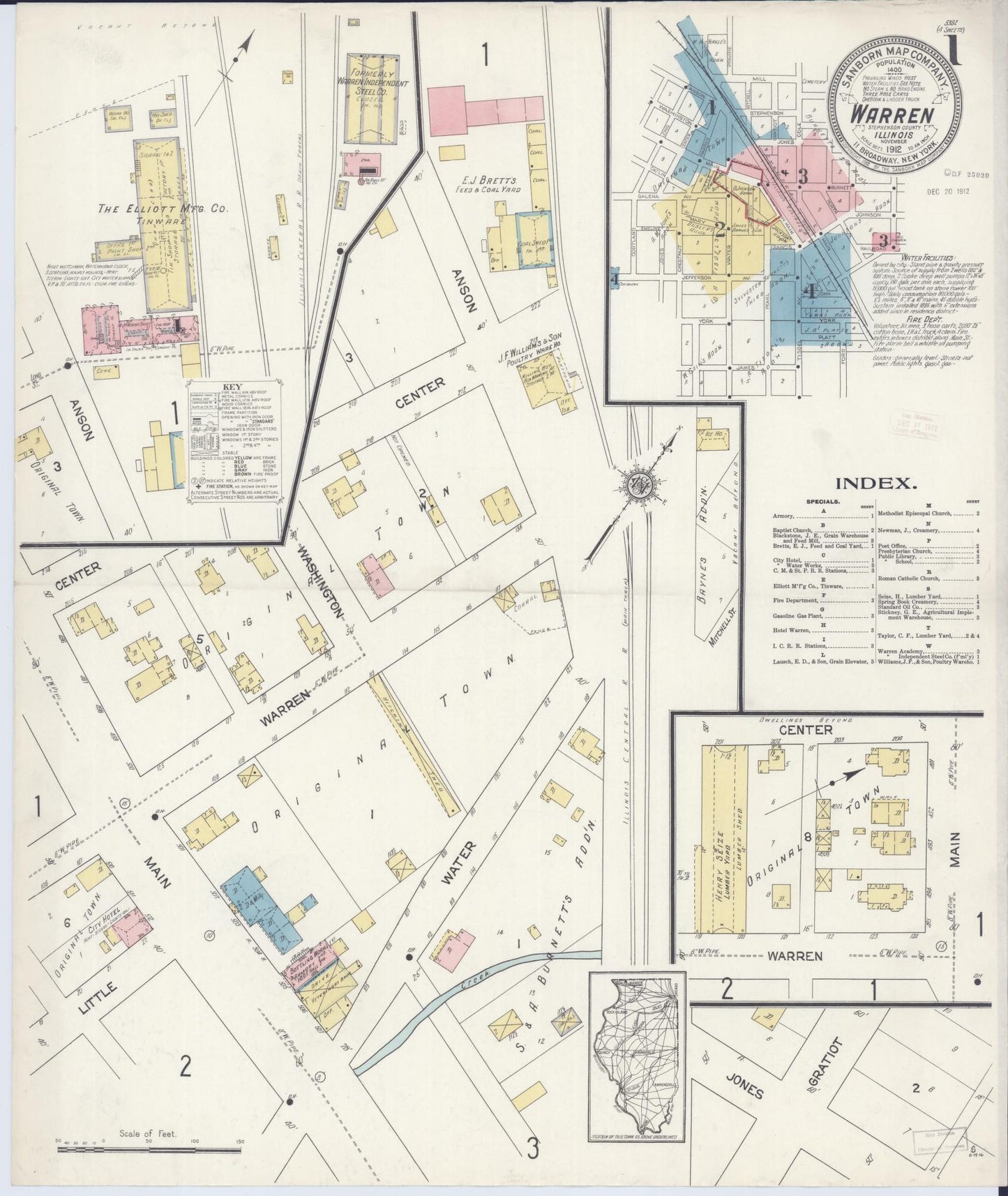 Sanborn Fire Insurance Map from Warren, Jo Daviess County, Illinois (1912), Sheet #0001 - Complete Map Set gallery image, historic Sanborn map, vintage wall art, Illinois Illinois