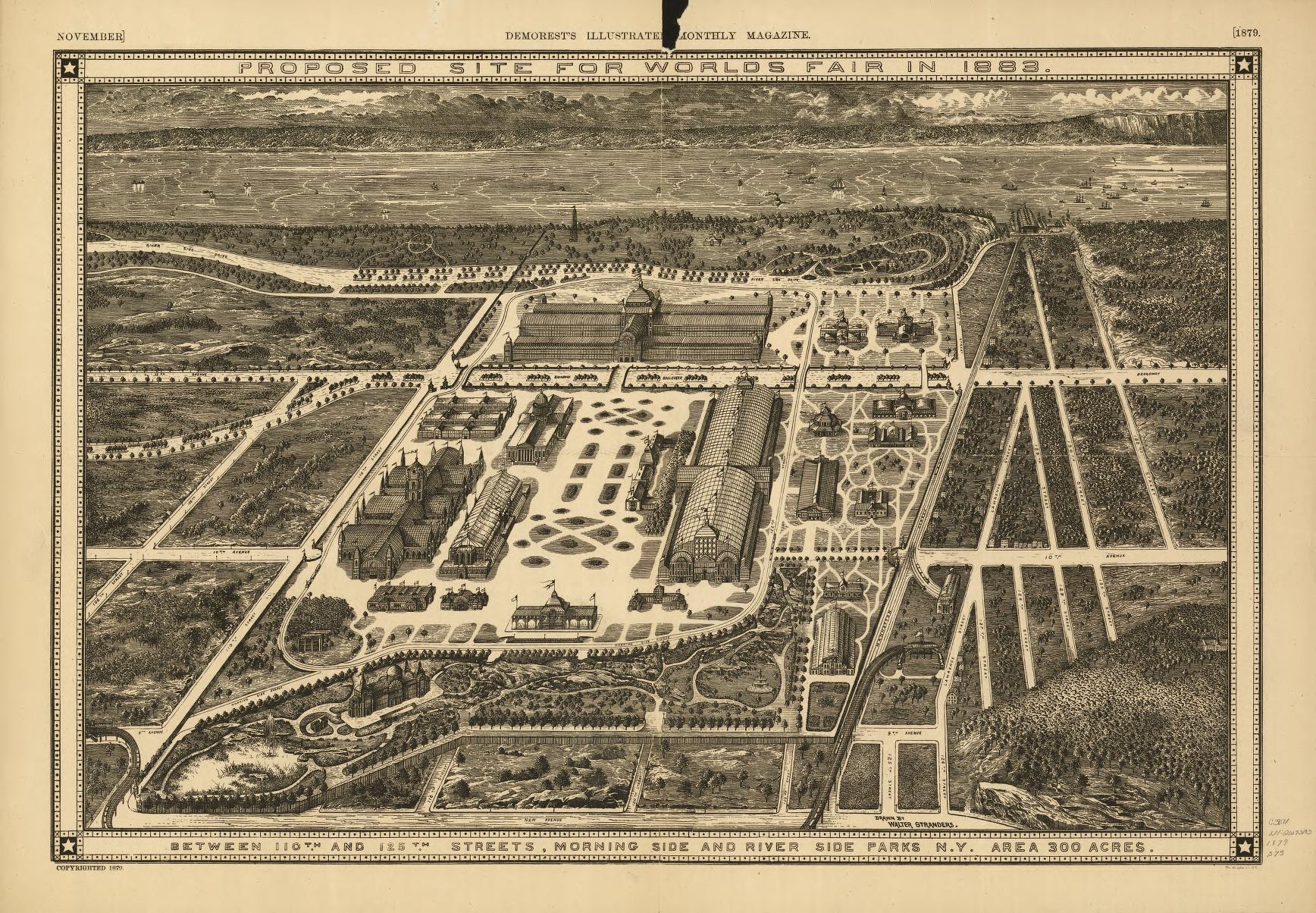 Proposed site for World's Fair in 1883 : between 110th and 125th Streets, Morning Side and River Side Parks, N.Y. Area 300 acres. (1879) – Historic Bird’s-Eye View Panorama Print