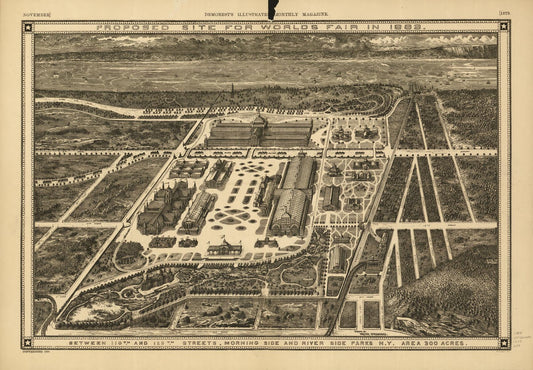 Proposed site for World's Fair in 1883 : between 110th and 125th Streets, Morning Side and River Side Parks, N.Y. Area 300 acres. (1879) – Historic Bird’s-Eye View Panorama Print