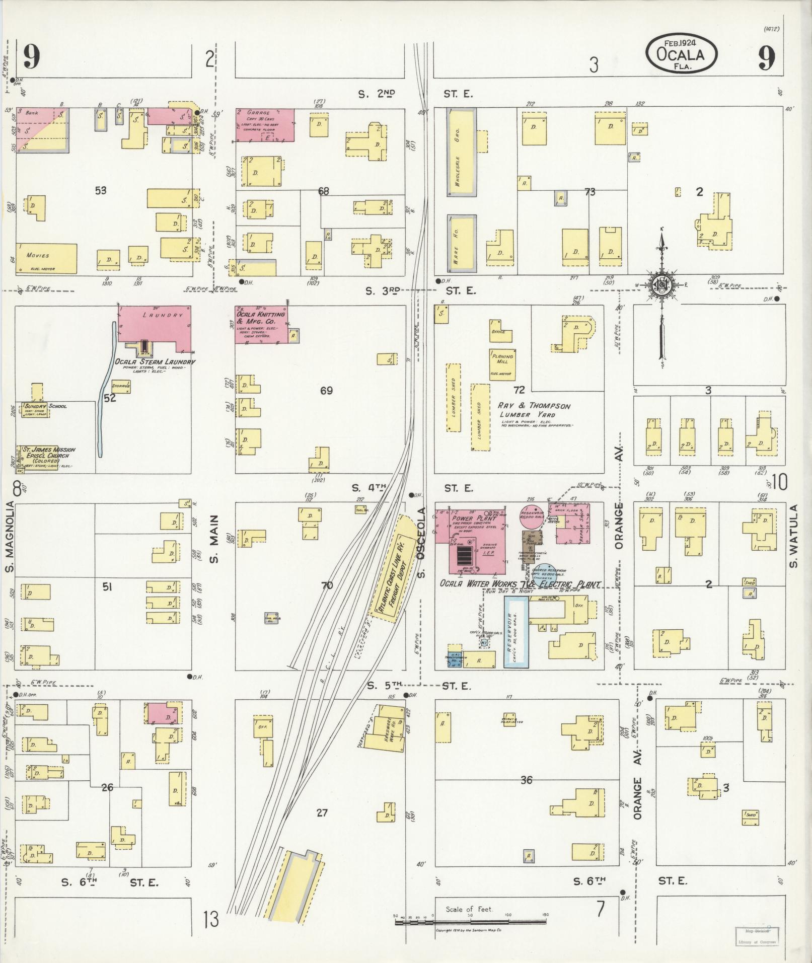 Sanborn Fire Insurance Map from Ocala, Marion County, Florida (1924), Sheet #0009 - Complete Map Set gallery image, historic Sanborn map, vintage wall art, Florida Florida