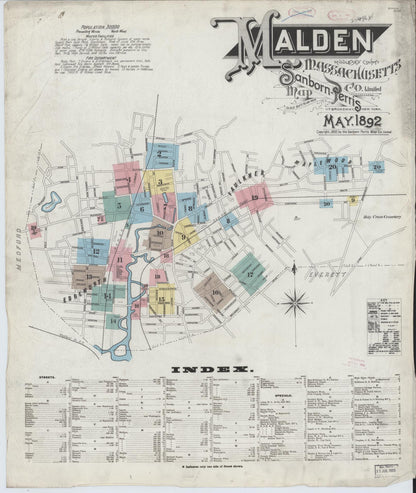 Sanborn Fire Insurance Map from Malden, Middlesex County, Massachusetts (1892), Sheet #0001 - Complete Map Set gallery image, historic Sanborn map, vintage wall art, Massachusetts Massachusetts