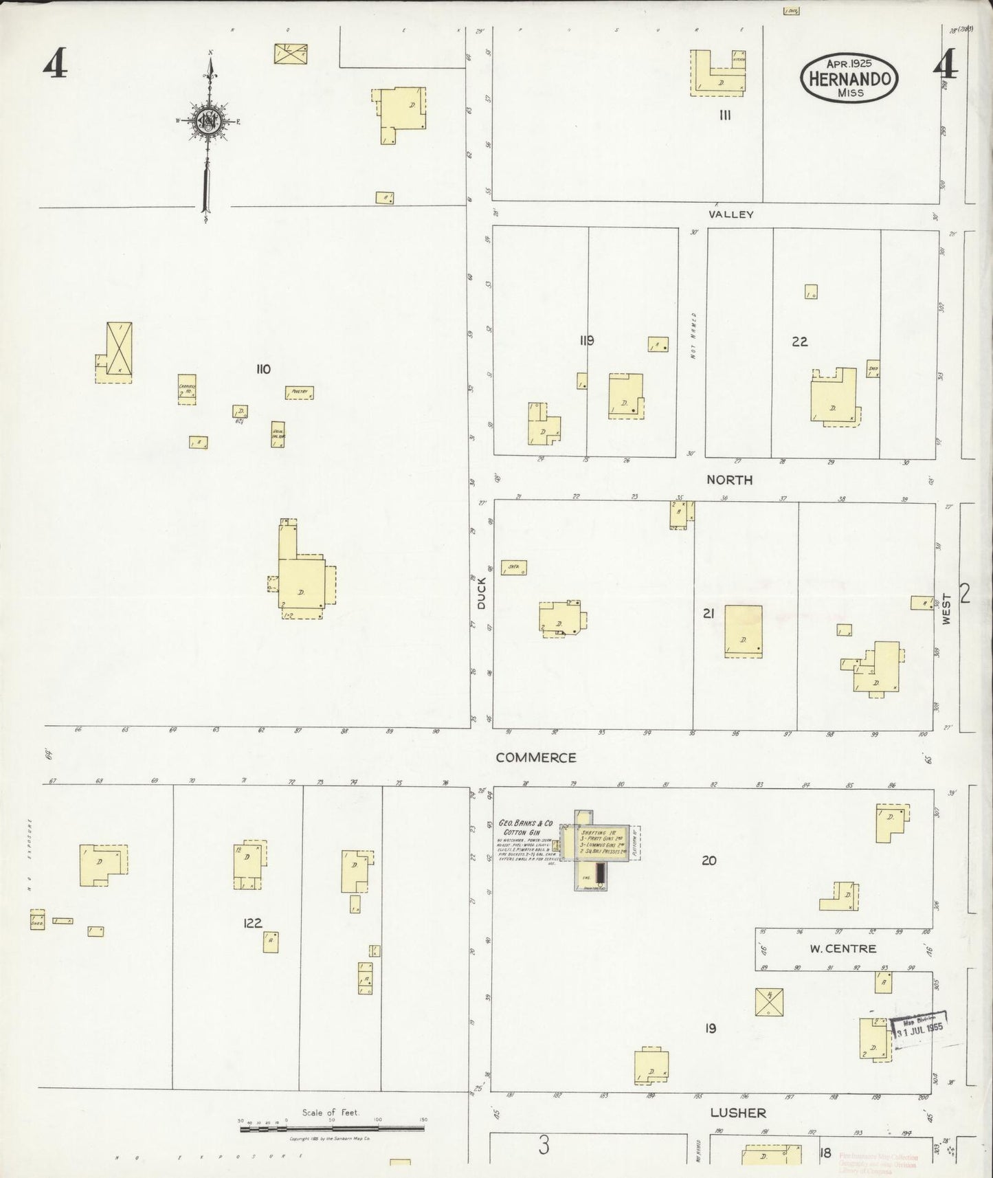 Sanborn Fire Insurance Map from Hernando, De Soto County, Mississippi (1925), Sheet #0004 - Complete Map Set gallery image, historic Sanborn map, vintage wall art, Mississippi Mississippi