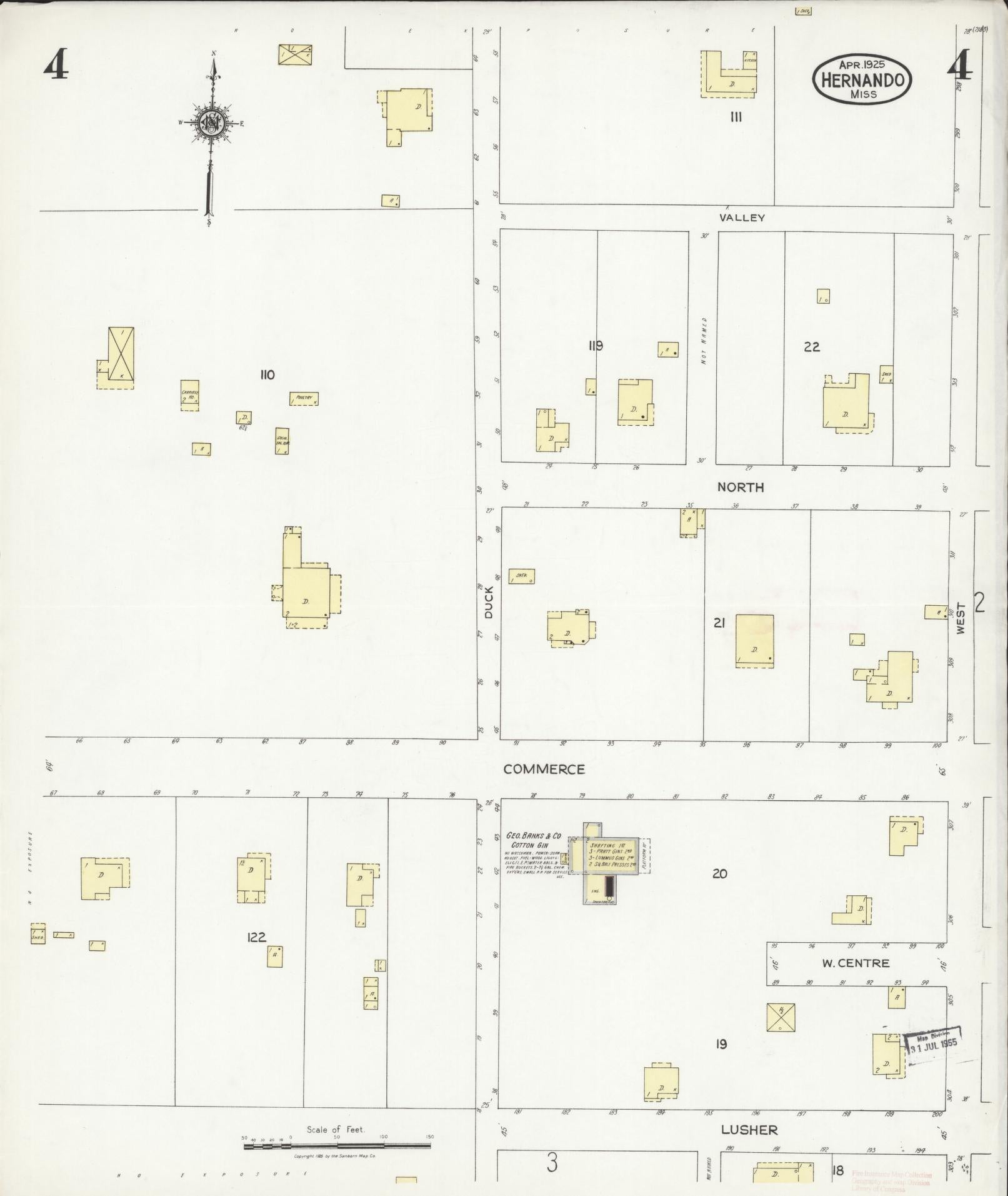 Sanborn Fire Insurance Map from Hernando, De Soto County, Mississippi (1925), Sheet #0004 - Complete Map Set gallery image, historic Sanborn map, vintage wall art, Mississippi Mississippi