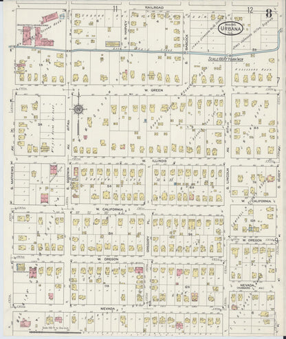 Sanborn Fire Insurance Map from Urbana, Champaign County, Illinois (1915), Sheet #0008 - Complete Map Set gallery image, historic Sanborn map, vintage wall art, Illinois Illinois
