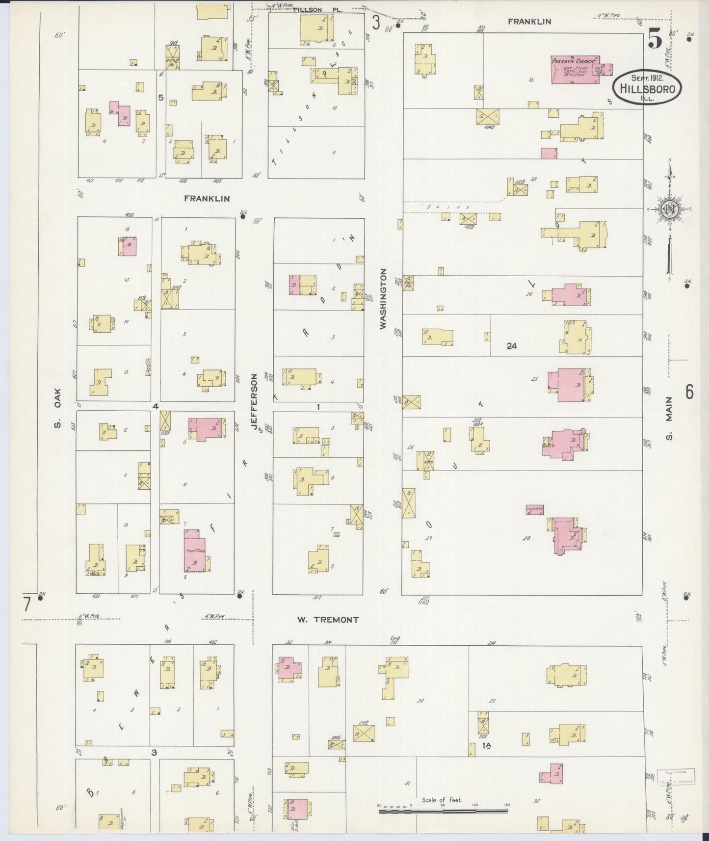Sanborn Fire Insurance Map from Hillsboro, Montgomery County, Illinois (1912), Sheet #0005 - Complete Map Set gallery image, historic Sanborn map, vintage wall art, Illinois Illinois