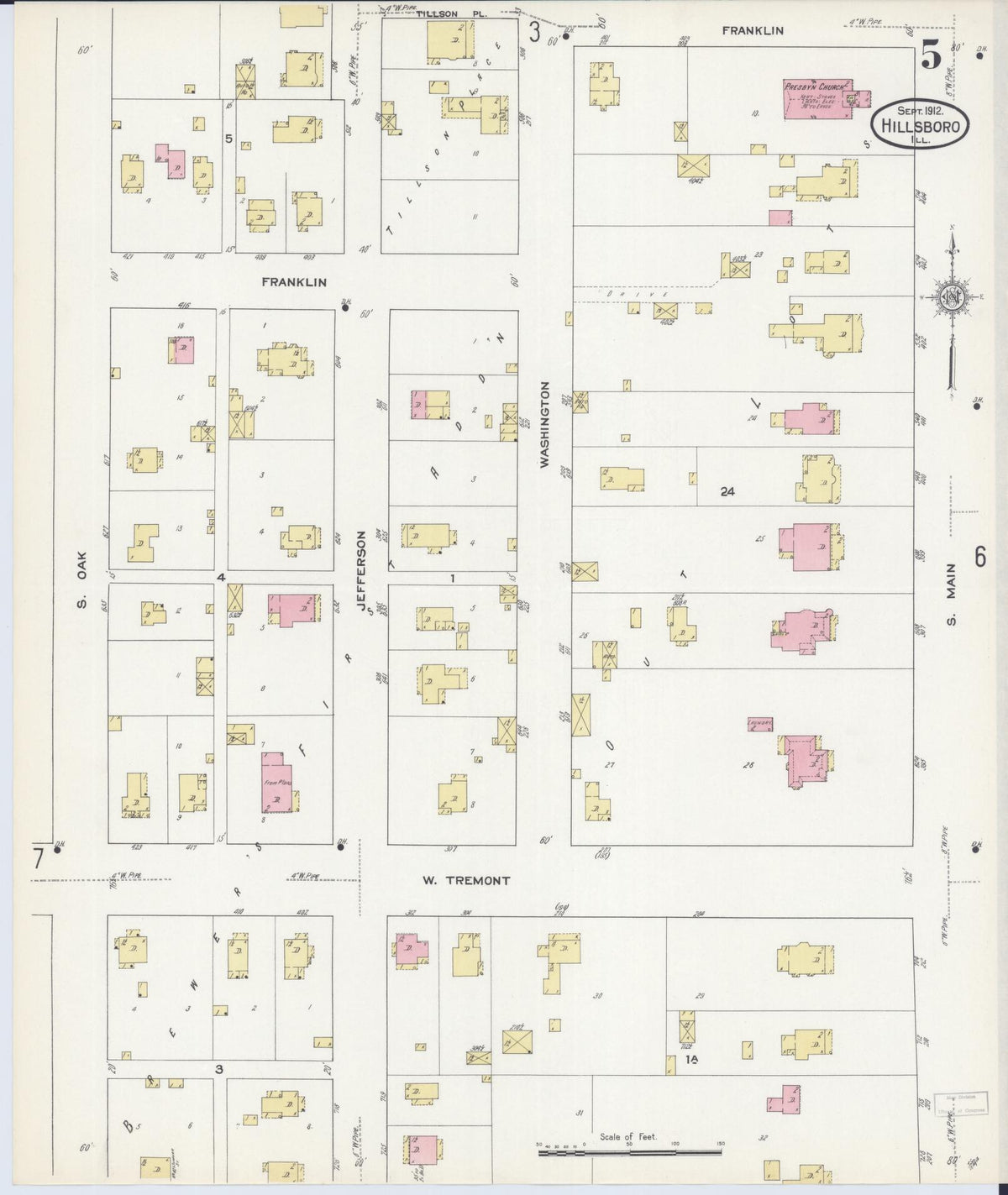 Sanborn Fire Insurance Map from Hillsboro, Montgomery County, Illinois (1912), Sheet #0005 - Complete Map Set gallery image, historic Sanborn map, vintage wall art, Illinois Illinois