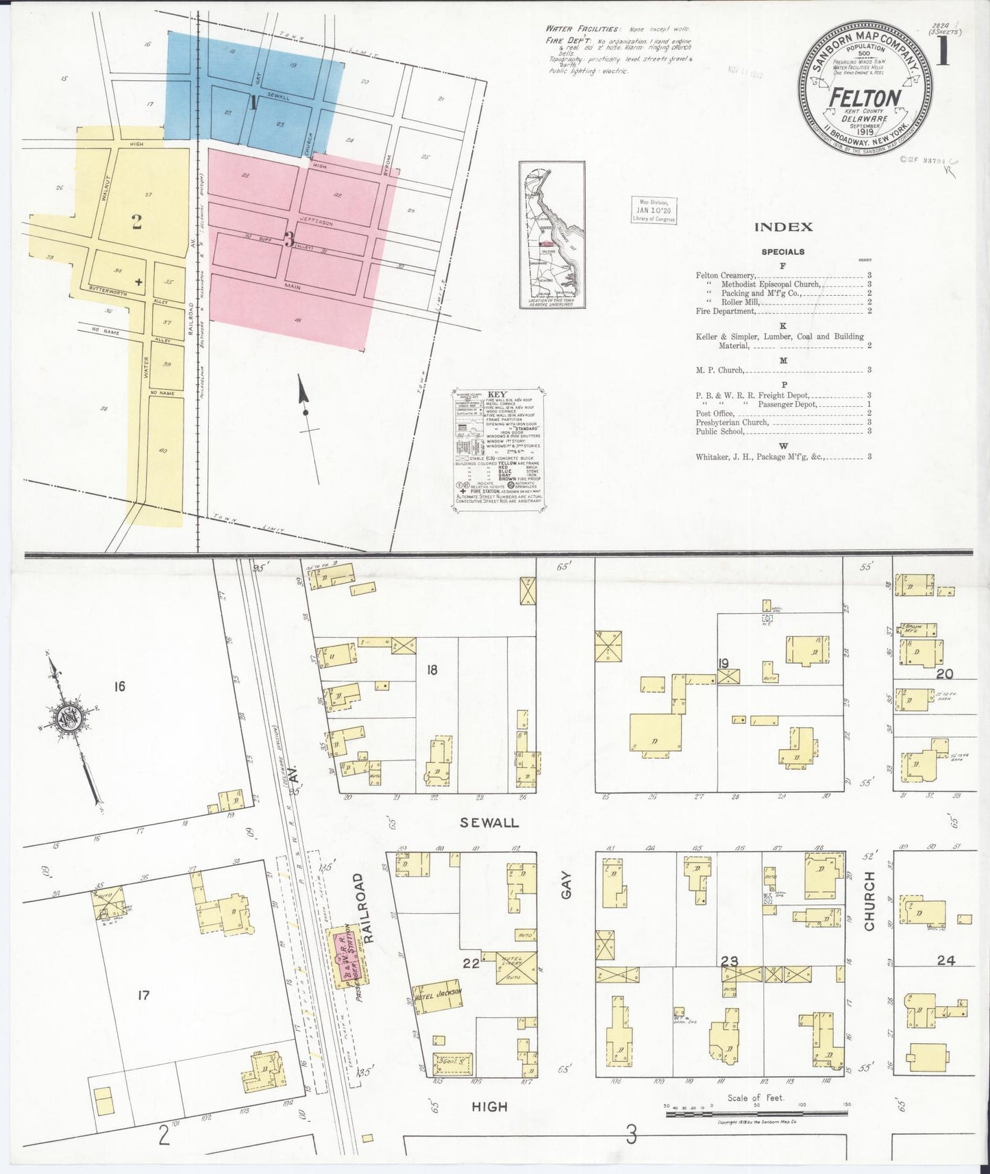 Sanborn Fire Insurance Map from Felton, Kent County, Delaware (1919), Sheet #0001 - Complete Map Set gallery image, historic Sanborn map, vintage wall art, Delaware Delaware