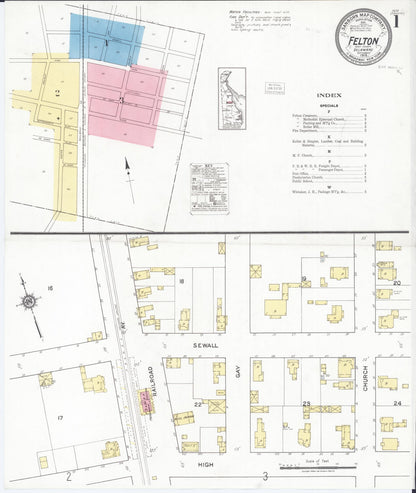 Sanborn Fire Insurance Map from Felton, Kent County, Delaware (1919), Sheet #0001 - Complete Map Set gallery image, historic Sanborn map, vintage wall art, Delaware Delaware