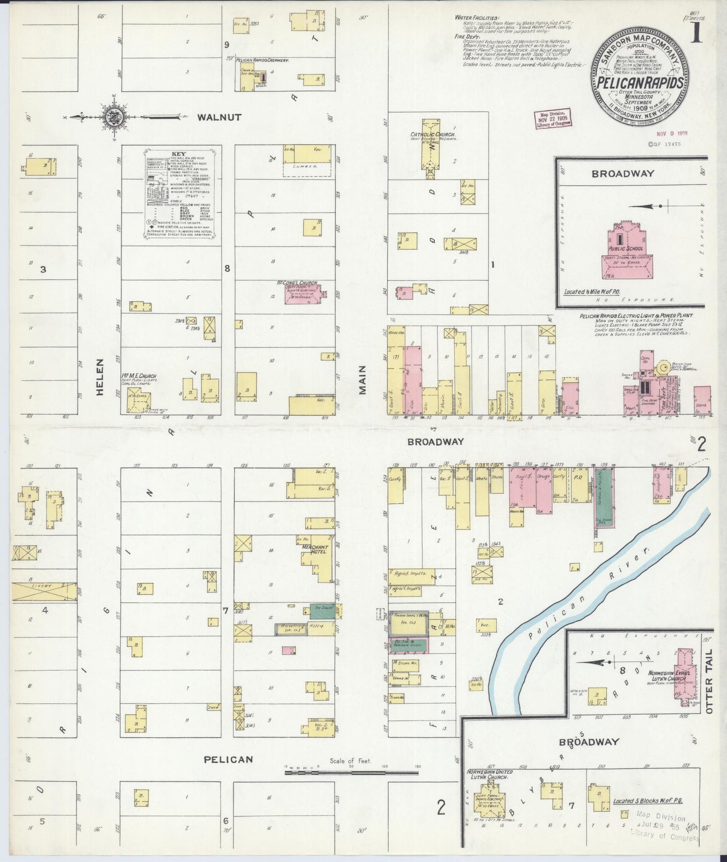 Sanborn Fire Insurance Map from Pelican Rapids, Otter Tail County, Minnesota (1909), Sheet #0001 - Complete Map Set gallery image, historic Sanborn map, vintage wall art, Minnesota Minnesota