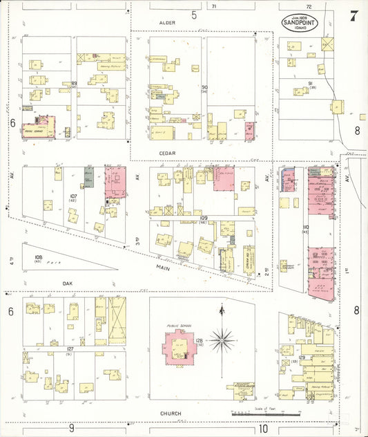Sanborn Fire Insurance Map from Sandpoint, Bonner County, Idaho (1909), Sheet #0007 - Historic Sanborn Fire Insurance Map Print, vintage old map wall art, antique decor, genealogy gift, Idaho Idaho map