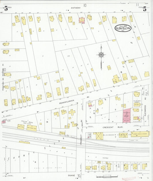 Sanborn Fire Insurance Map from Glen Ellyn, Du Page County, Illinois (1929), Sheet #0005 - Historic Sanborn Fire Insurance Map Print, vintage old map wall art, antique decor, genealogy gift, Illinois Illinois map