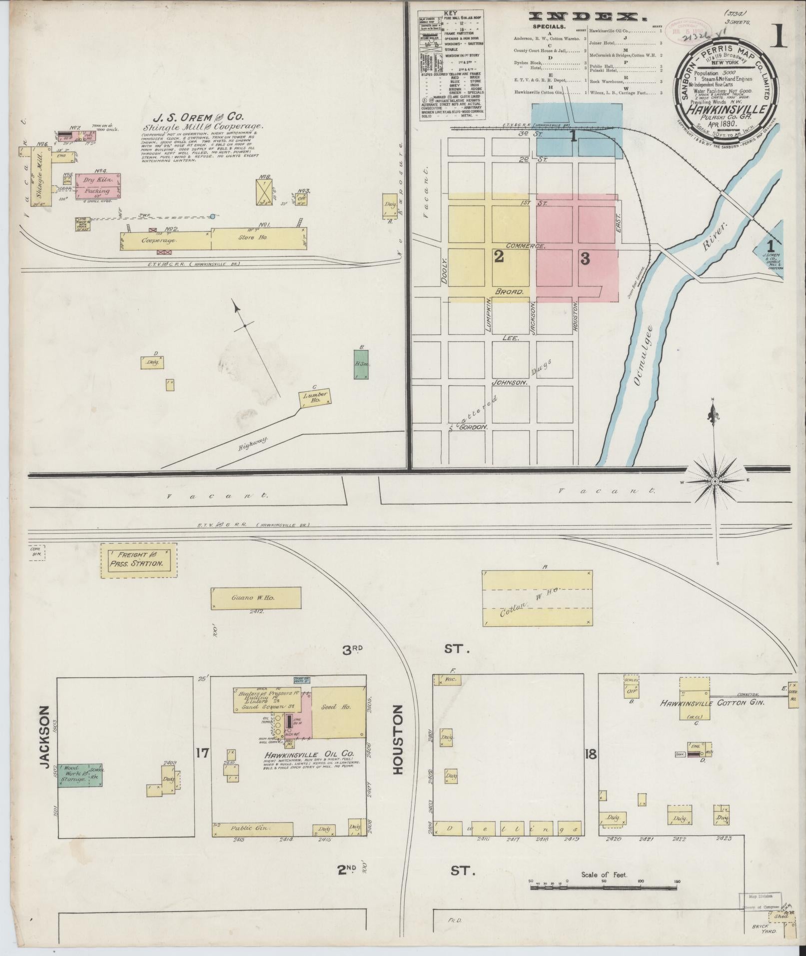 Sanborn Fire Insurance Map from Hawkinsville, Pulaski County, Georgia (1890), Sheet #0001 - Complete Map Set gallery image, historic Sanborn map, vintage wall art, Georgia Georgia