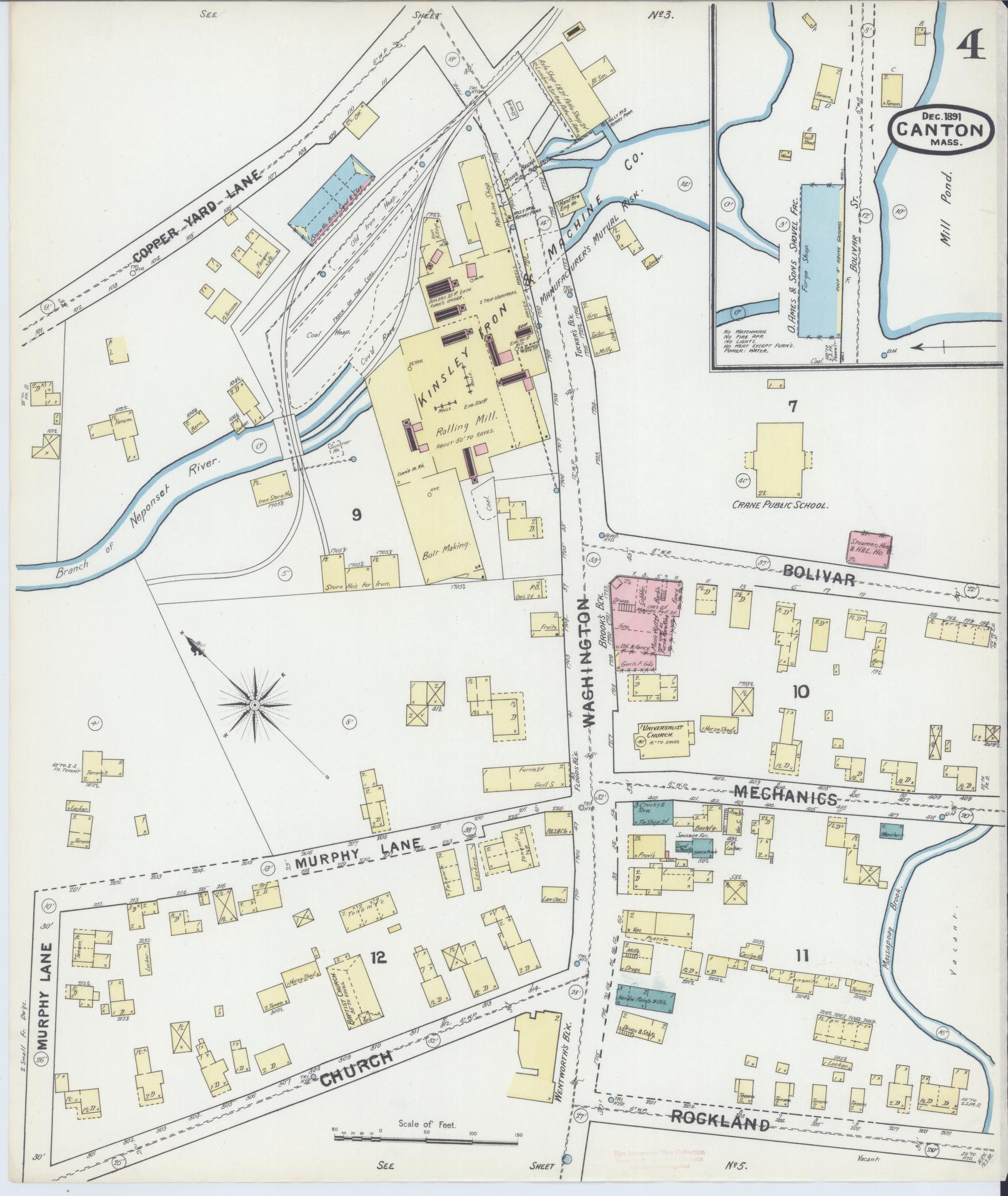 Sanborn Fire Insurance Map from Canton, Norfolk County, Massachusetts (1891), Sheet #0004 - Historic Sanborn Fire Insurance Map Print, vintage old map wall art, antique decor, genealogy gift, Massachusetts Massachusetts map