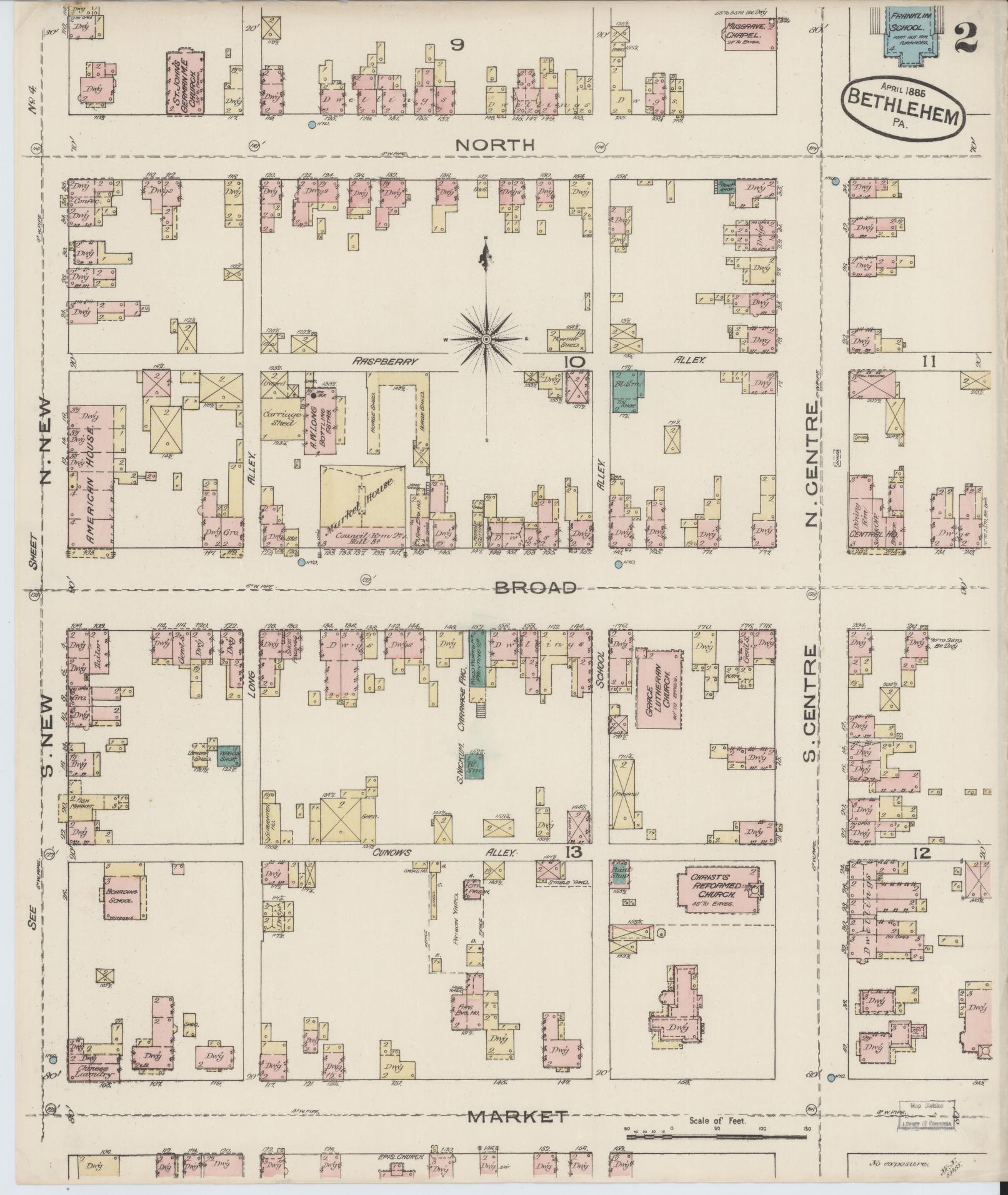 Sanborn Fire Insurance Map from Bethlehem, Northampton And Lehigh Counties, Pennsylvania (1885), Sheet #0002 - Historic Sanborn Fire Insurance Map Print, vintage old map wall art, antique decor, genealogy gift, Pennsylvania Pennsylvania map