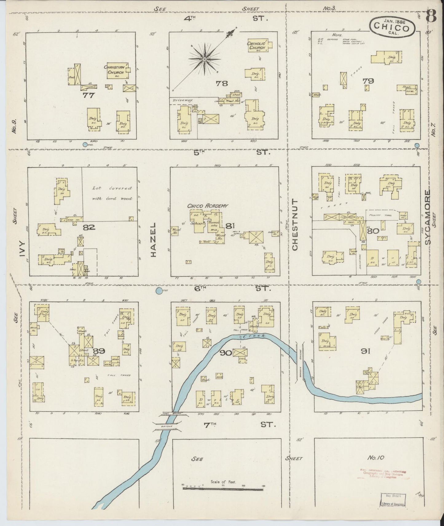 Sanborn Fire Insurance Map from Chico, Butte County, California (1886), Sheet #0008 - Complete Map Set gallery image, historic Sanborn map, vintage wall art, California California