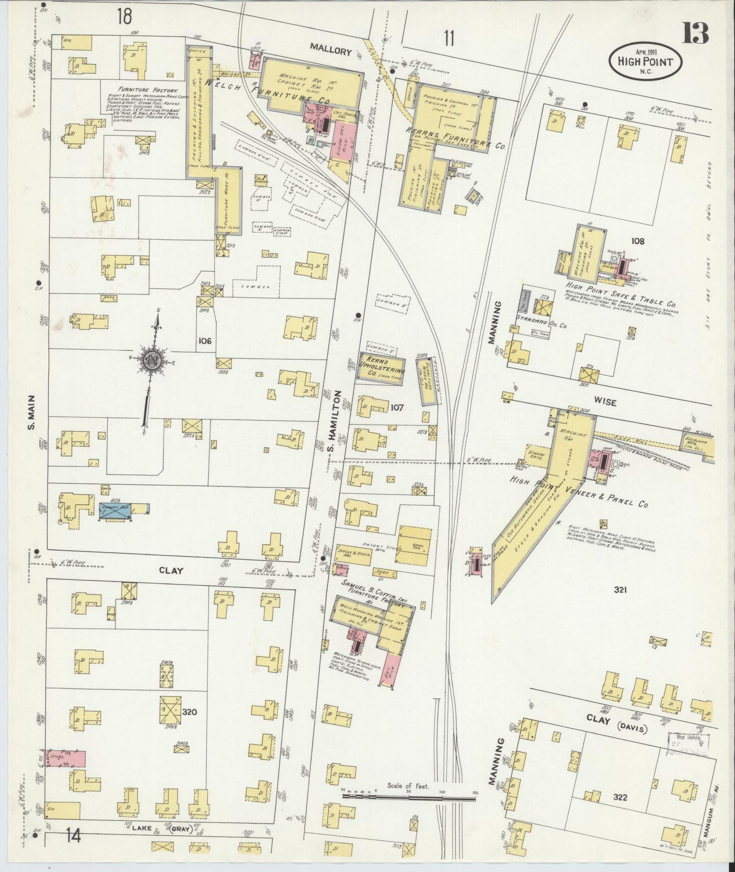 Sanborn Fire Insurance Map from High Point, Guilford County, North Carolina (1911), Sheet #0013 - Complete Map Set gallery image, historic Sanborn map, vintage wall art, North Carolina North Carolina