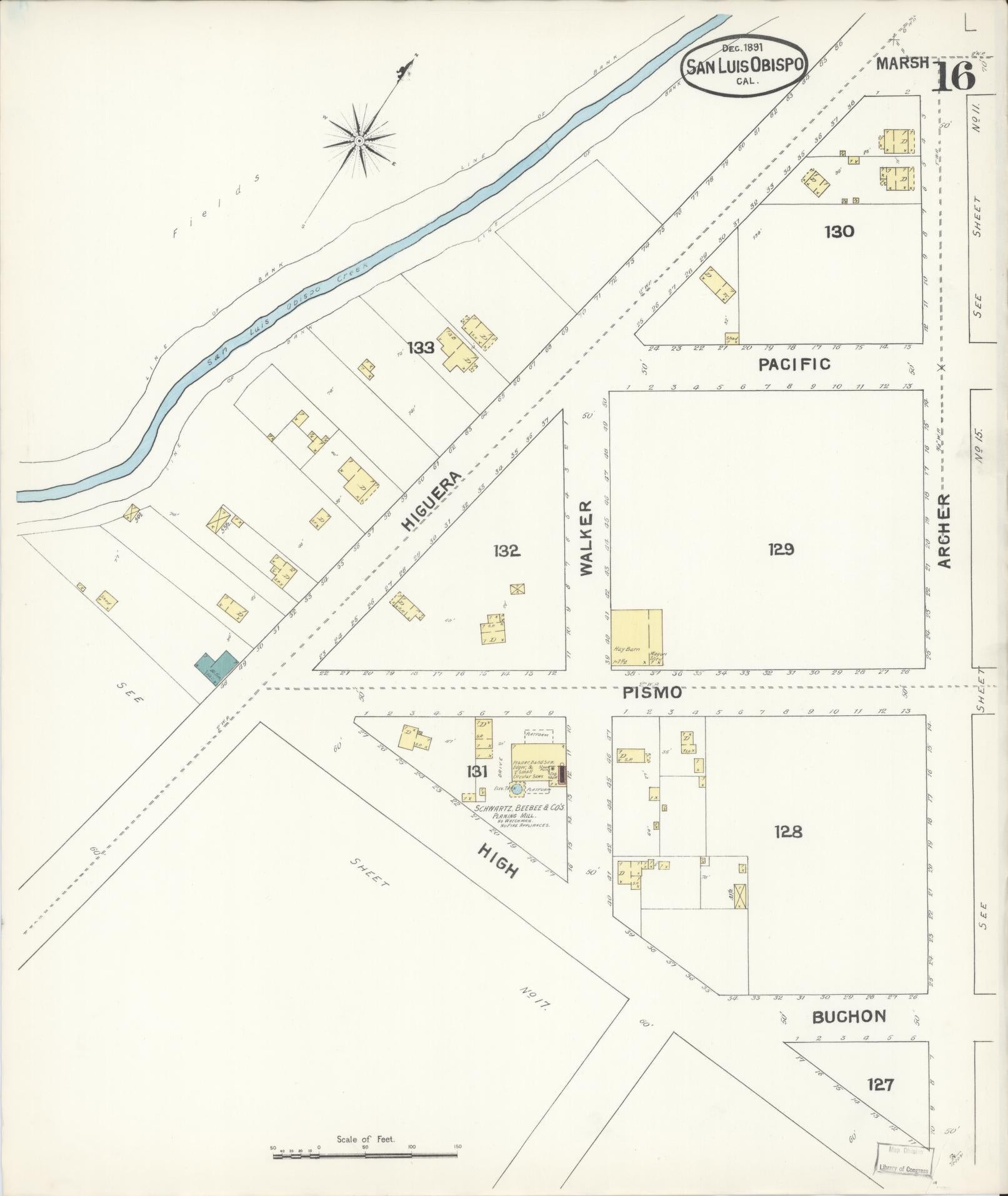 Sanborn Fire Insurance Map from San Luis Obispo, San Luis Obispo County, California (1891), Sheet #0016 - Complete Map Set gallery image, historic Sanborn map, vintage wall art, California California