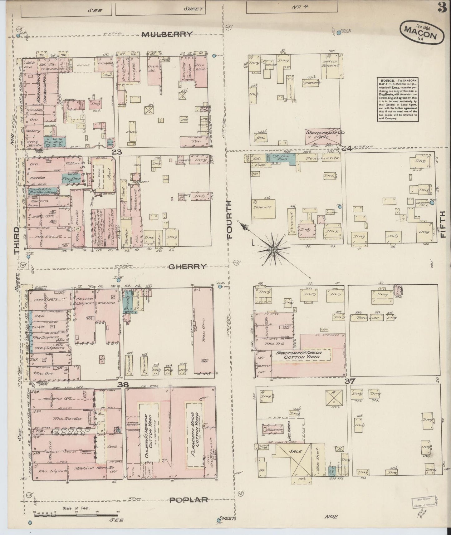 Sanborn Fire Insurance Map from Macon, Bibb and Jones County, Georgia (1884), Sheet #0003 - Historic Sanborn Fire Insurance Map Print, vintage old map wall art, antique decor, genealogy gift, Georgia Georgia map