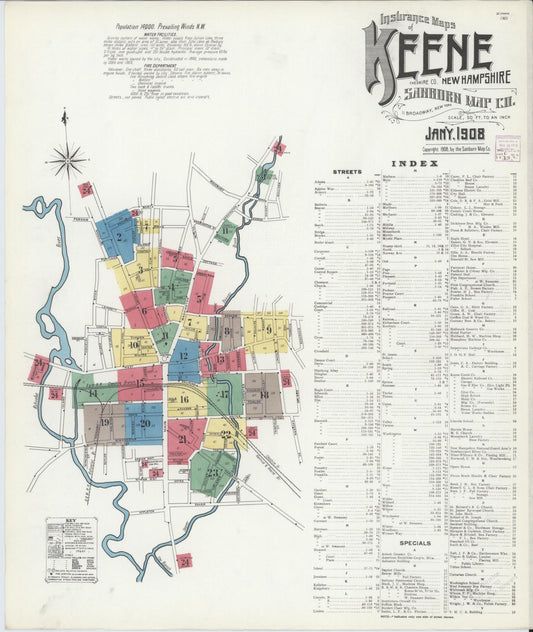 Sanborn Fire Insurance Map from Keene, Cheshire County, New Hampshire (1908), Sheet #0001 - Complete Map Set gallery image, historic Sanborn map, vintage wall art, New Hampshire New Hampshire