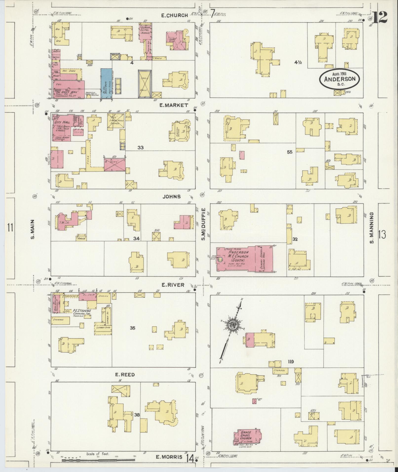 Sanborn Fire Insurance Map from Anderson, Anderson County, South Carolina (1911), Sheet #0012 - Complete Map Set gallery image, historic Sanborn map, vintage wall art, South Carolina South Carolina