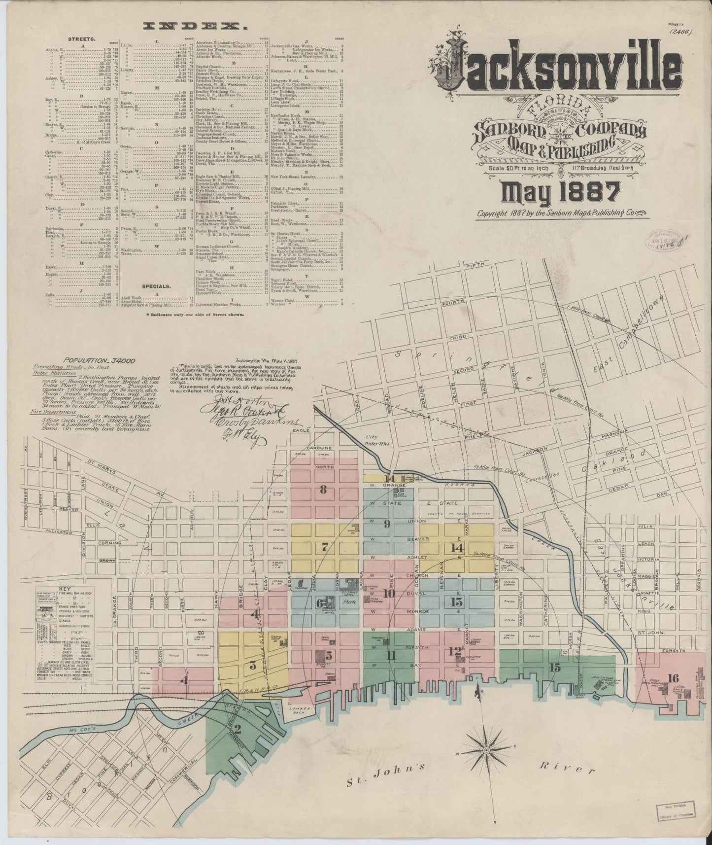 Sanborn Fire Insurance Map from Jacksonville, Duval County, Florida (1887), Sheet #0001 - Historic Sanborn Fire Insurance Map Print, vintage old map wall art, antique decor, genealogy gift, Florida Florida map