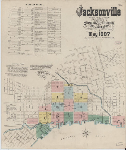 Sanborn Fire Insurance Map from Jacksonville, Duval County, Florida (1887), Sheet #0001 - Historic Sanborn Fire Insurance Map Print, vintage old map wall art, antique decor, genealogy gift, Florida Florida map