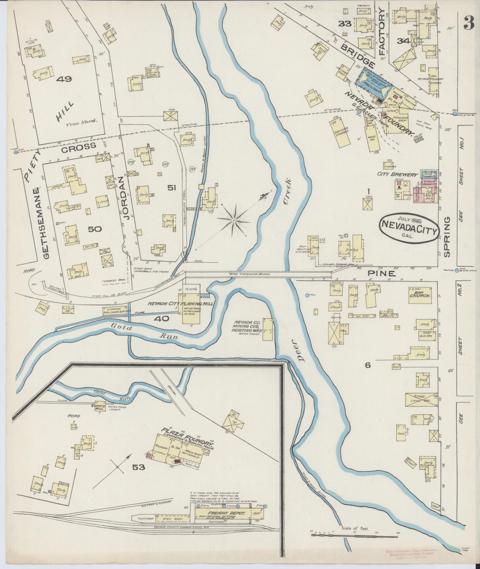 Sanborn Fire Insurance Map from Nevada City, Nevada County, California (1885), Sheet #0003 - Complete Map Set gallery image, historic Sanborn map, vintage wall art, California California