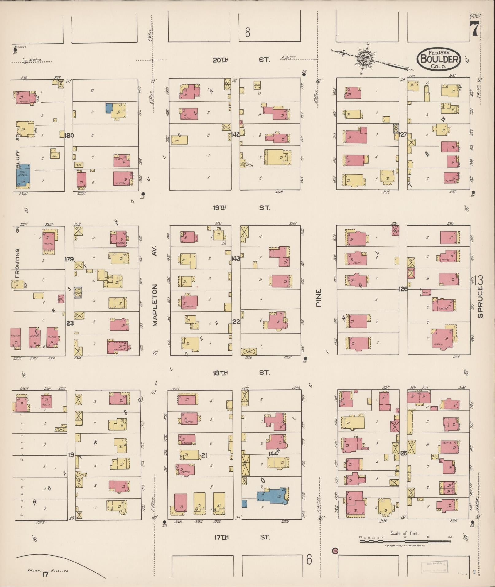 Sanborn Fire Insurance Map from Boulder, Boulder County, Colorado (1922), Sheet #0007 - Historic Sanborn Fire Insurance Map Print, vintage old map wall art, antique decor, genealogy gift, Colorado Colorado map