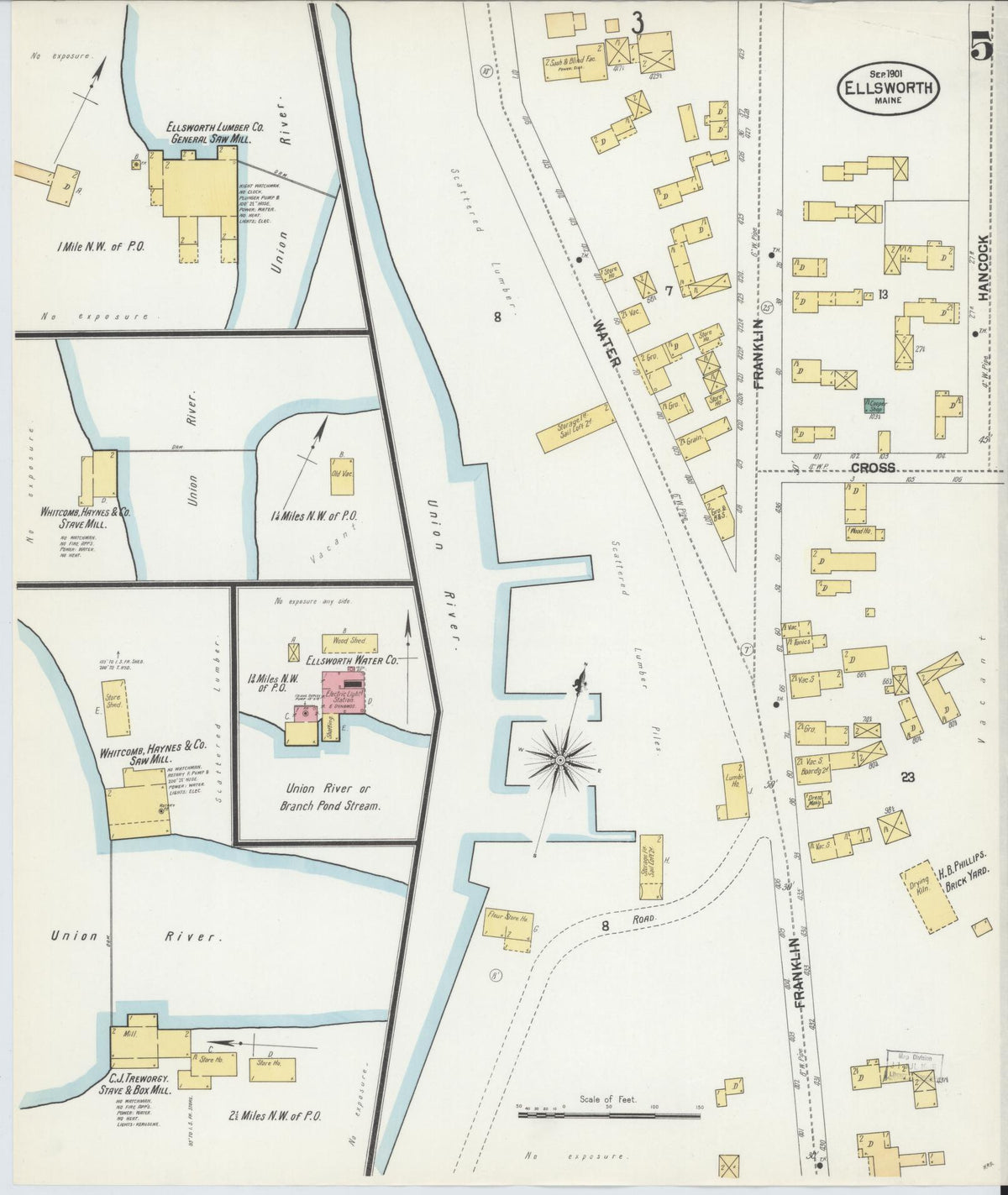 Sanborn Fire Insurance Map from Ellsworth, Hancock County, Maine (1901), Sheet #0005 - Historic Sanborn Fire Insurance Map Print, vintage old map wall art, antique decor, genealogy gift, Maine Maine map