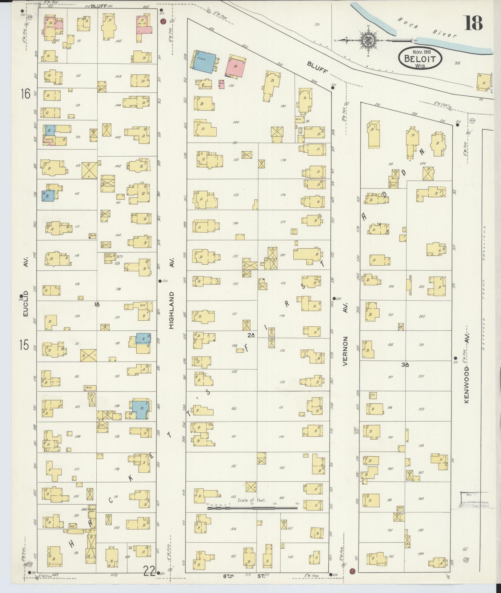 Sanborn Fire Insurance Map from Beloit, Rock County, Wisconsin (1915), Sheet #0018 - Historic Sanborn Fire Insurance Map Print, vintage old map wall art, antique decor, genealogy gift, Wisconsin Wisconsin map