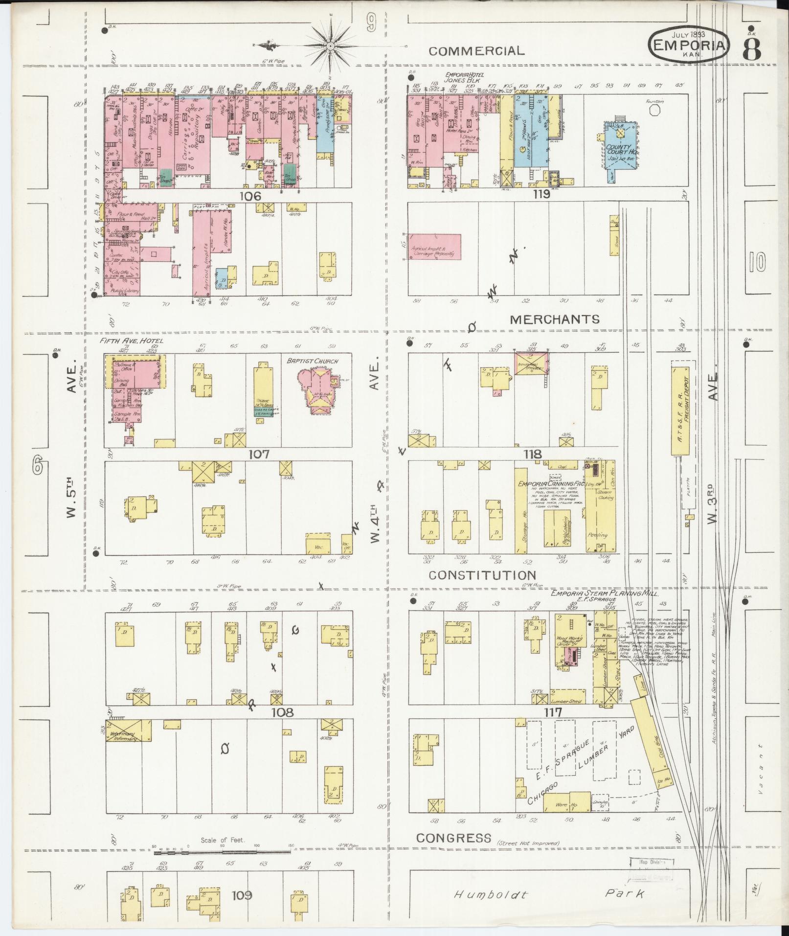 Sanborn Fire Insurance Map from Emporia, Lyon County, Kansas (1893), Sheet #0008 - Complete Map Set gallery image, historic Sanborn map, vintage wall art, Kansas Kansas