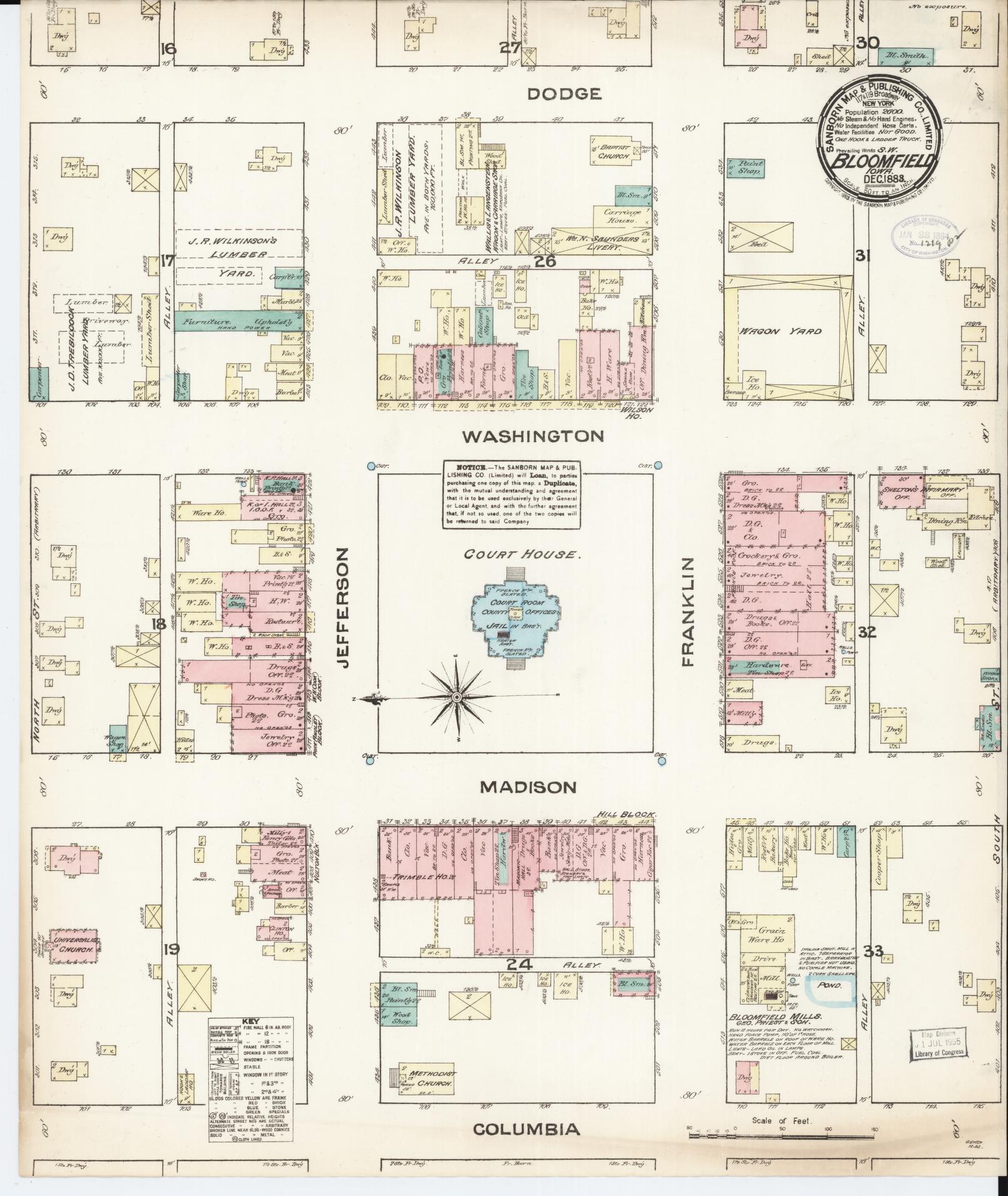 Sanborn Fire Insurance Map from Bloomfield, Davis County, Iowa (1883), Sheet #0001 - Historic Sanborn Fire Insurance Map Print, vintage old map wall art