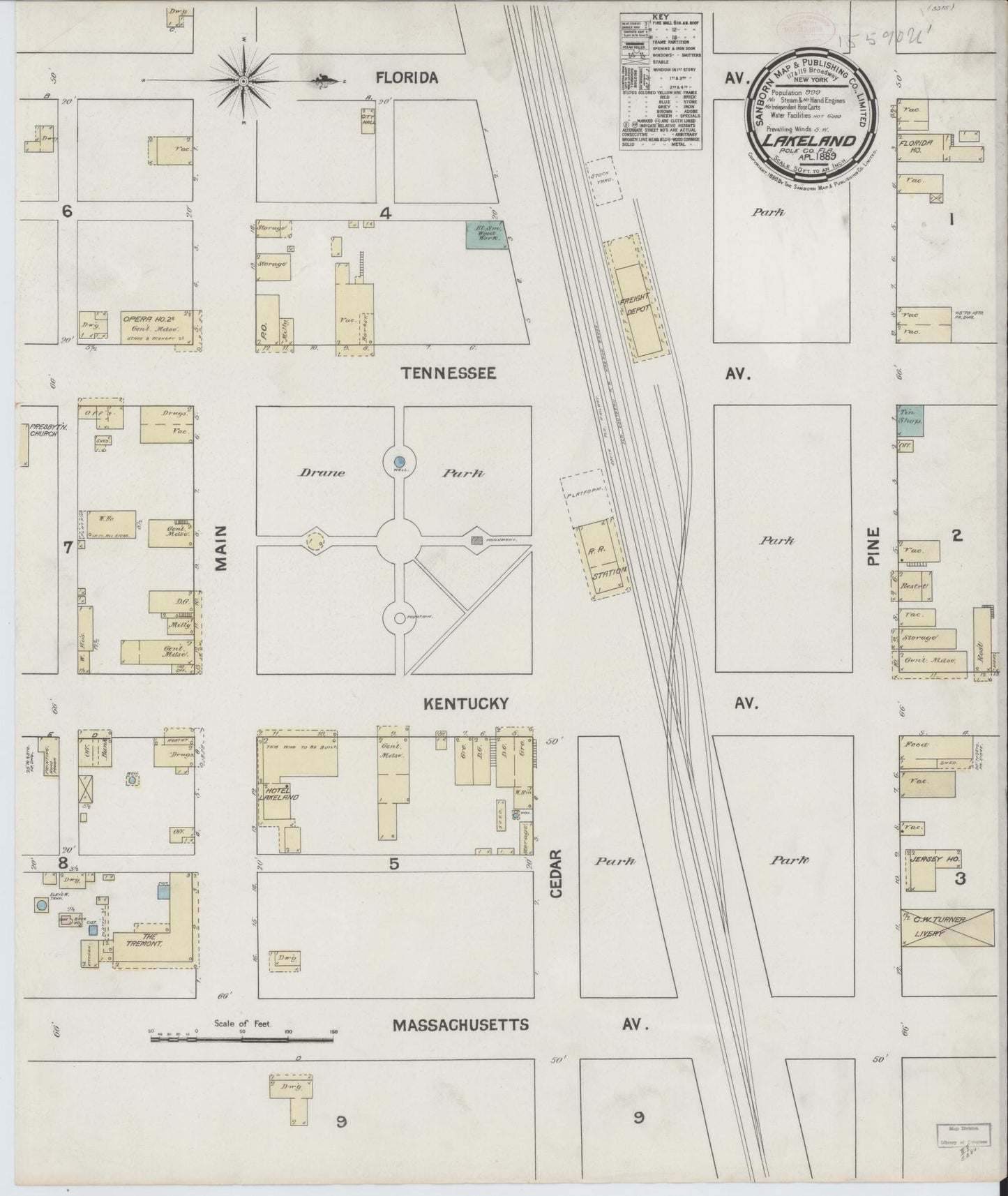 Sanborn Fire Insurance Map from Lakeland, Polk County, Florida (1889), Sheet #0001 - Historic Sanborn Fire Insurance Map Print, vintage old map wall art, antique decor, genealogy gift, Florida Florida map