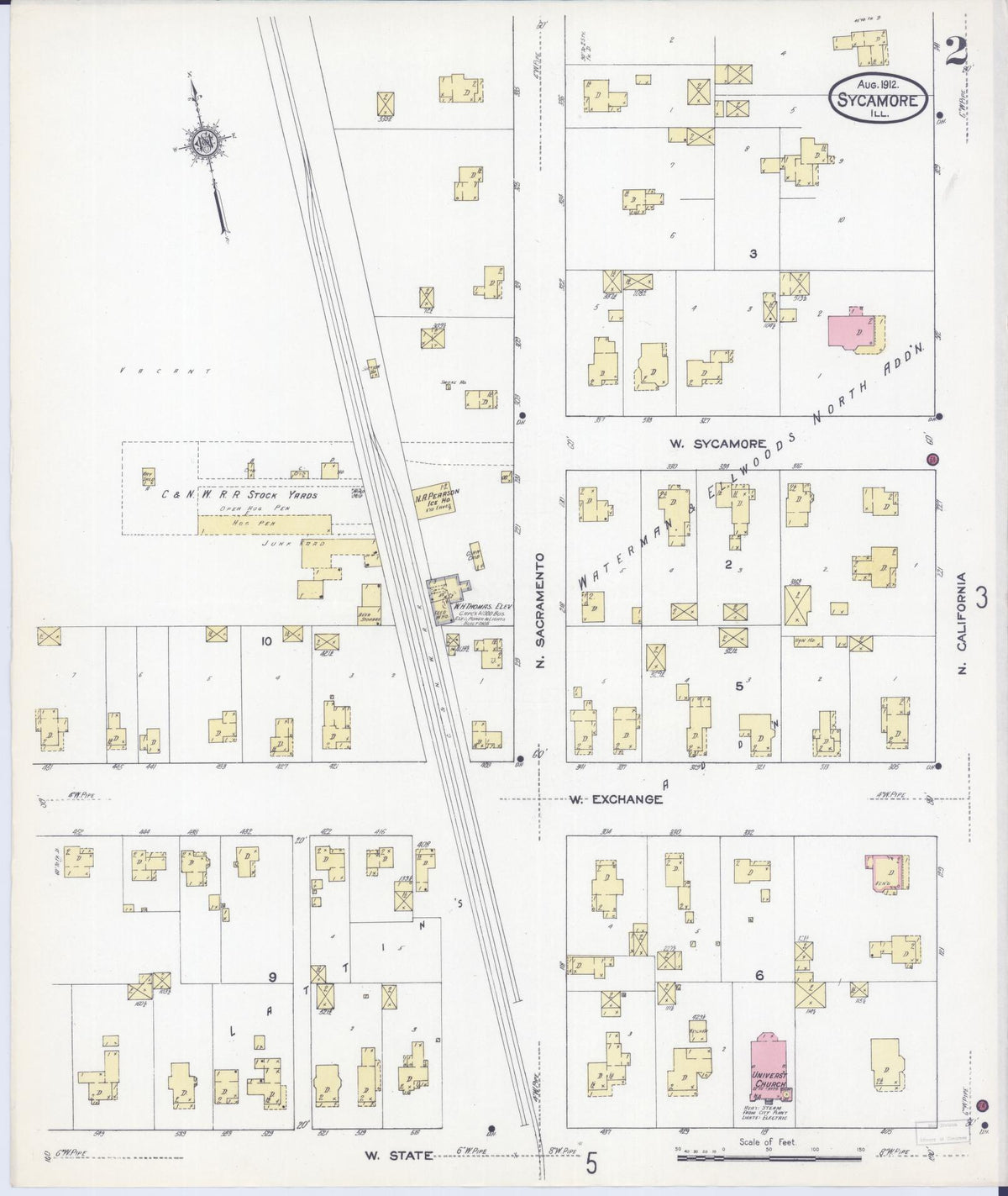 Sanborn Fire Insurance Map from Sycamore, De Kalb County, Illinois (1912), Sheet #0002 - Historic Sanborn Fire Insurance Map Print, vintage old map wall art, antique decor, genealogy gift, Illinois Illinois map